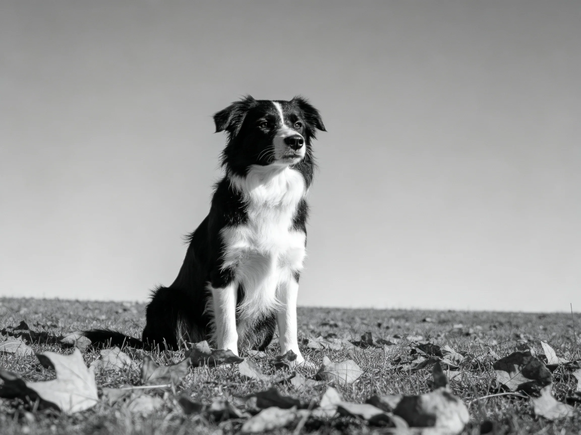 A black - and - white dog sits calmly among scattered leaves