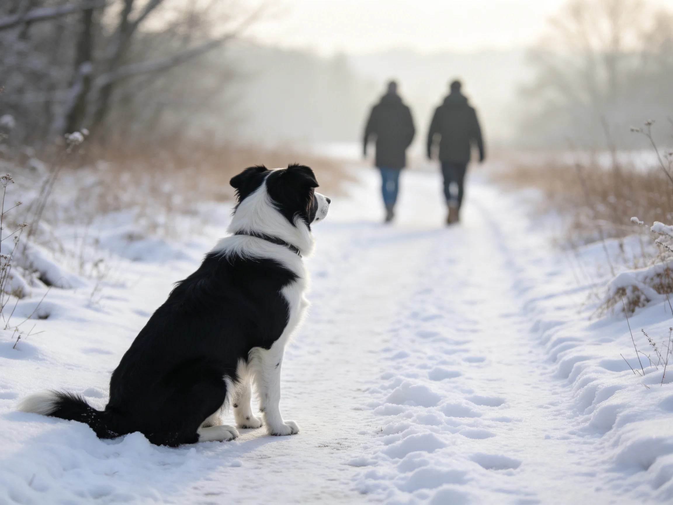 A black - and - white dog watches two people walk away on a snowy path.