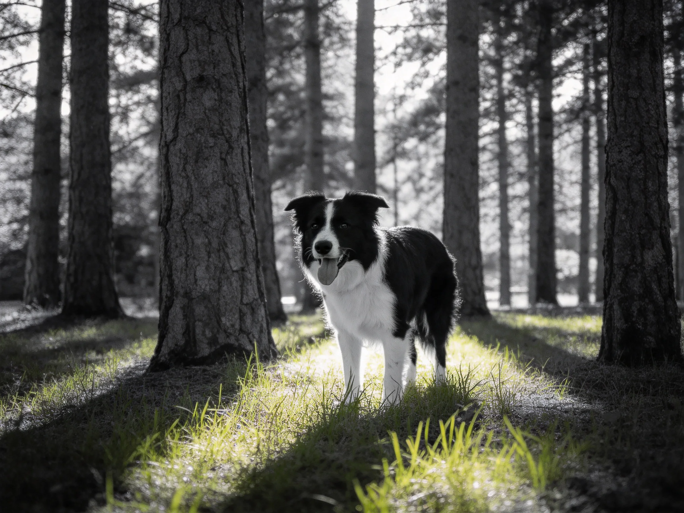 A black - and - white dog stands in a sunlit forest clearing surrounded by tall trees.