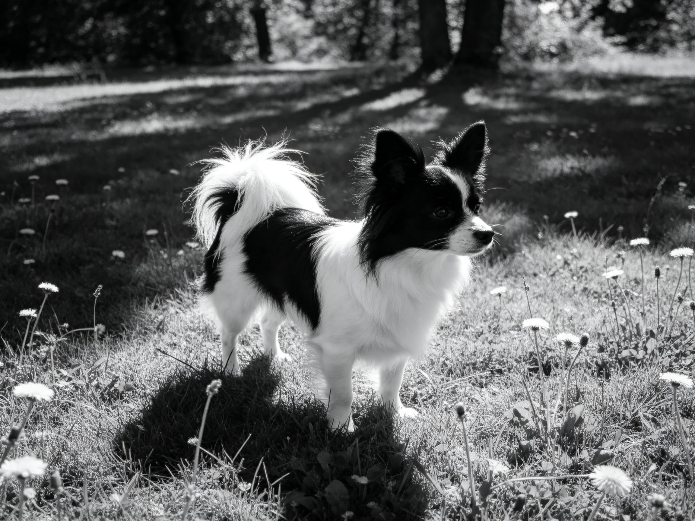 A black - and - white dog stands among dandelions in a sunlit meadow