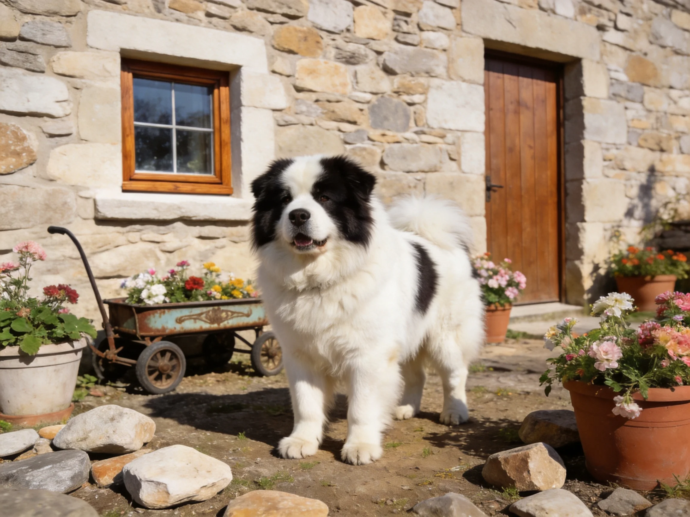 A black - and - white dog stands among flower pots outside a stone cottage.