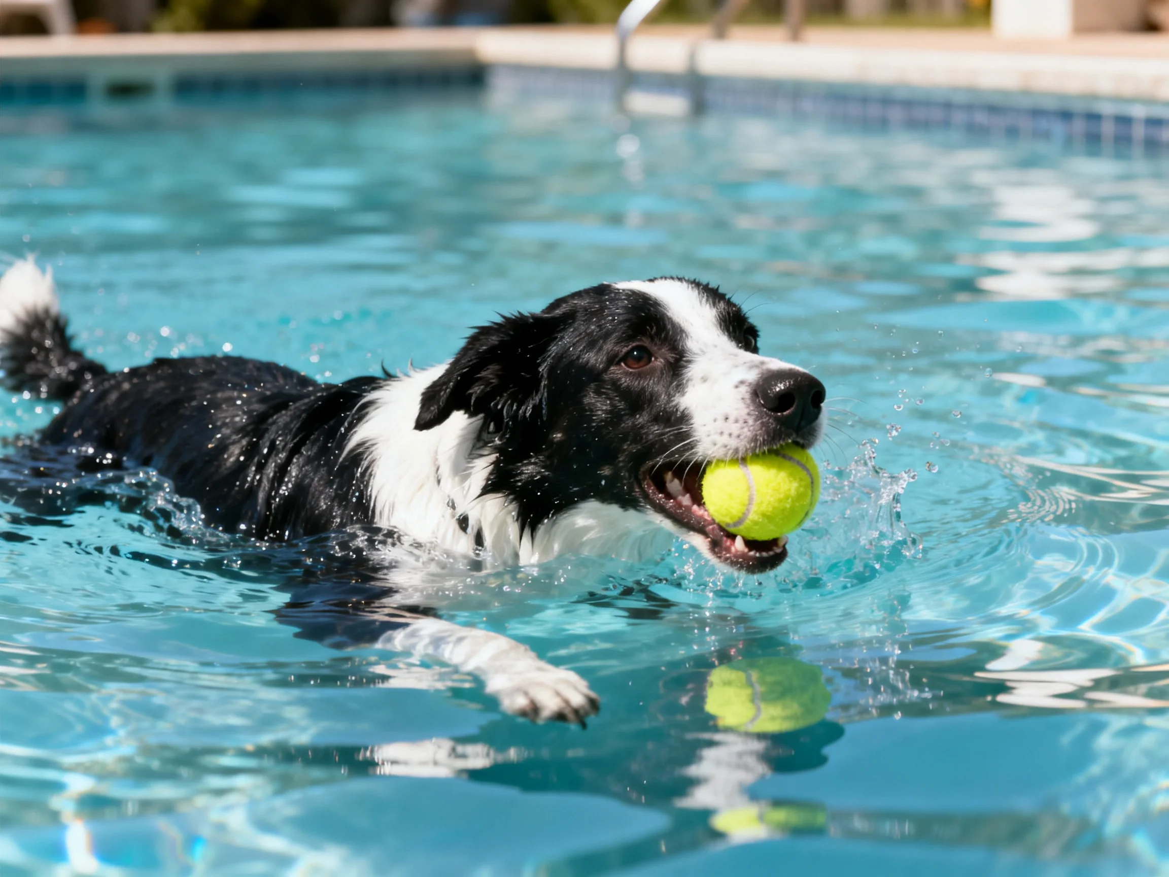 A black - and - white dog swims in a pool with a bright yellow tennis ball