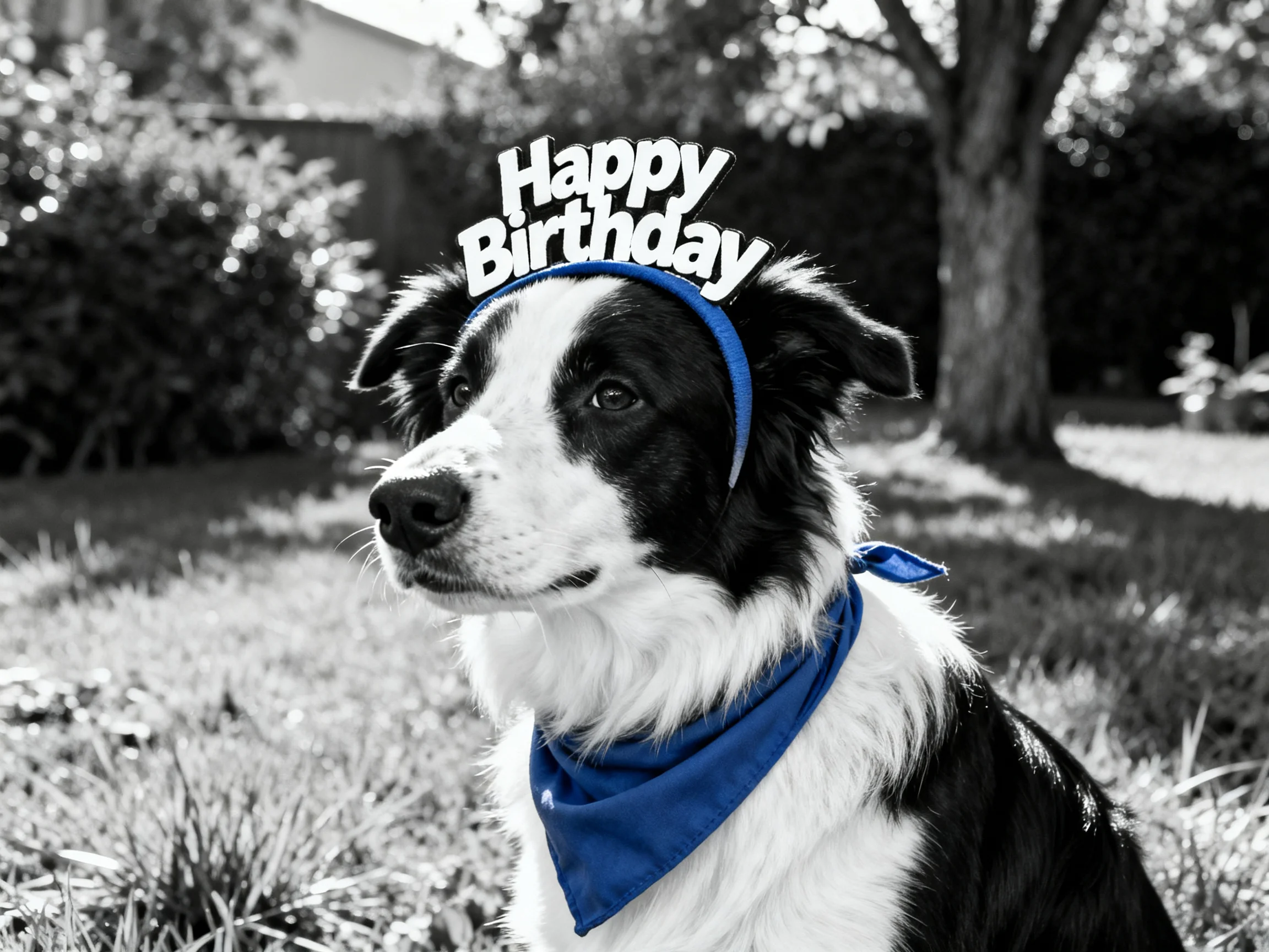 A black - and - white dog with a Happy Birthday headband and blue bandana in a sunlit yard