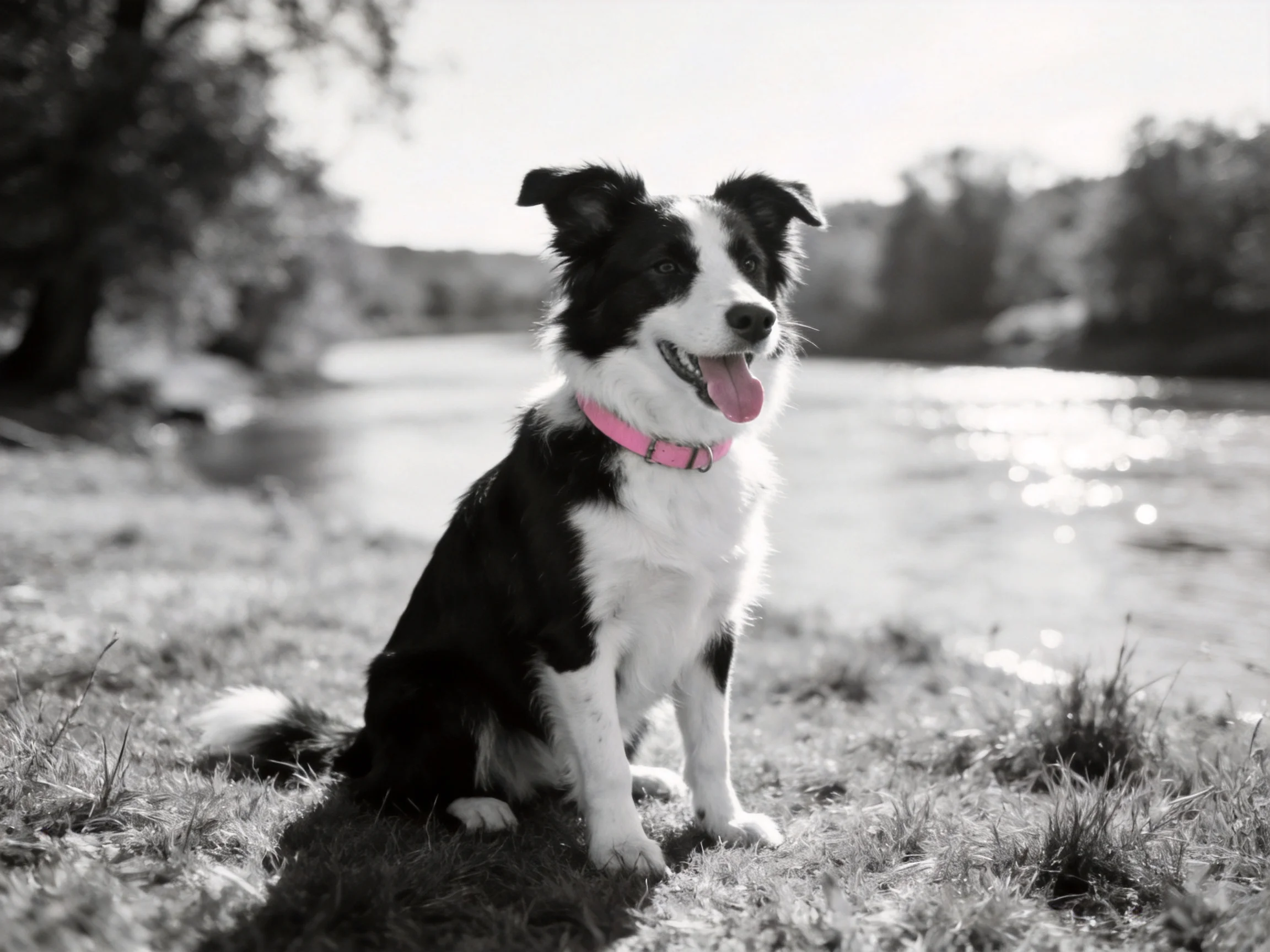 A black - and - white dog with a pink collar sits near a reflective river.