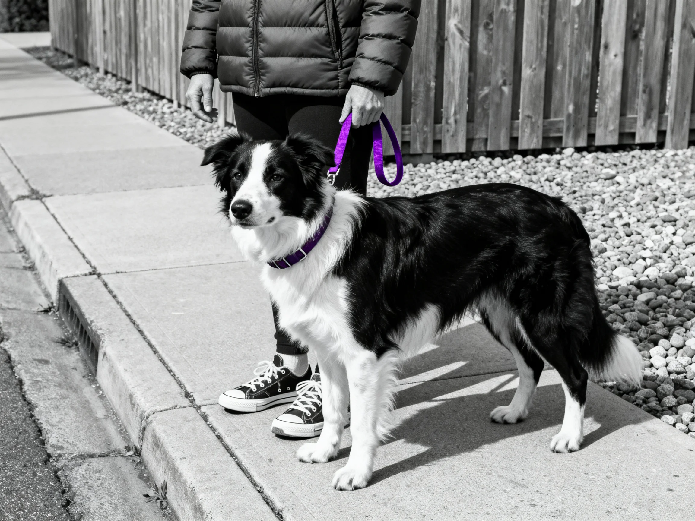 A black - and - white dog stands on a sidewalk beside a person holding a purple leash