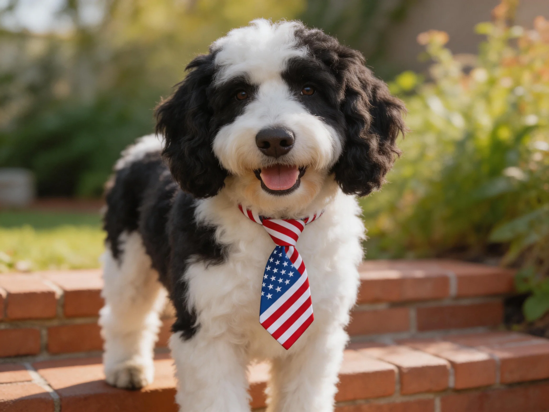 A black - and - white dog with an American flag tie stands on brick steps in a sunny outdoor setting.