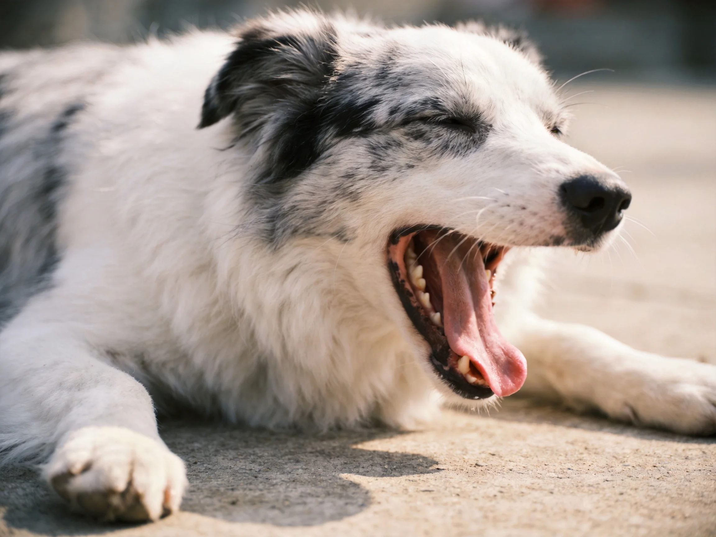 A black - and - white dog yawns widely on a concrete surface