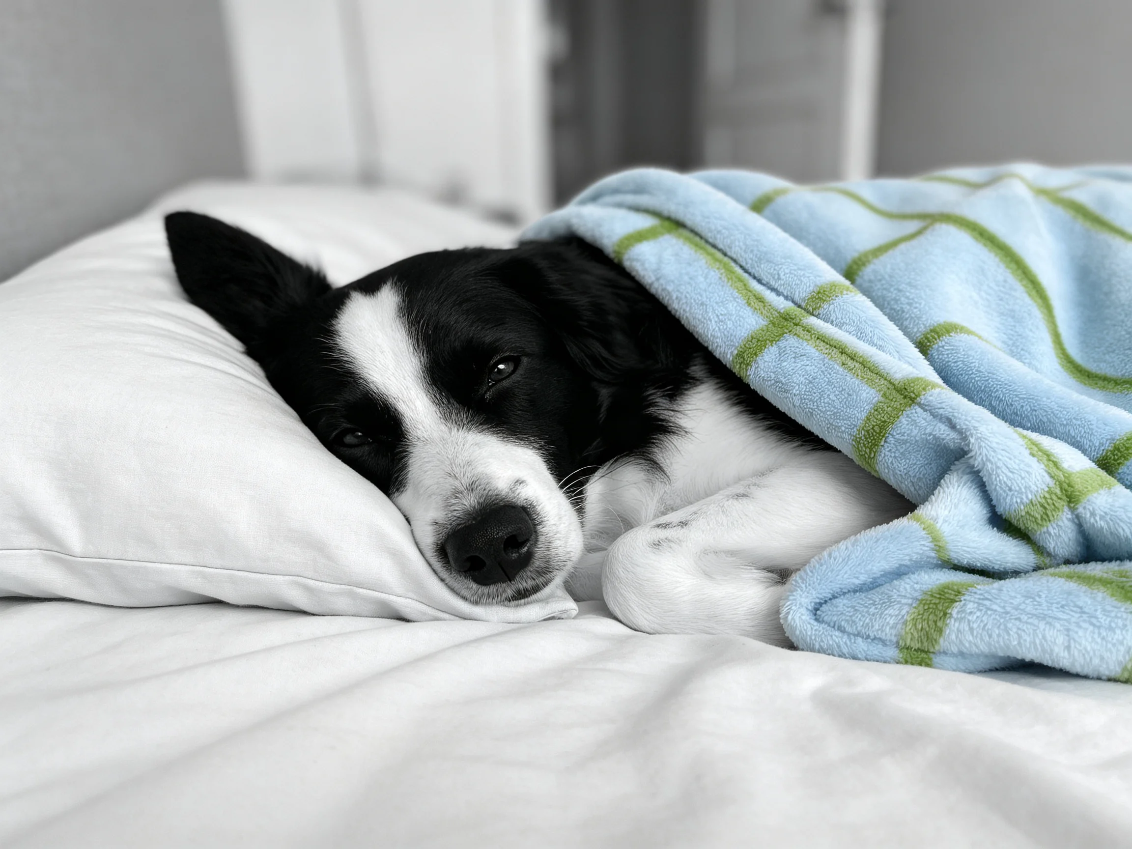 A black - and - white dogrests on a bed with a blue striped blanket