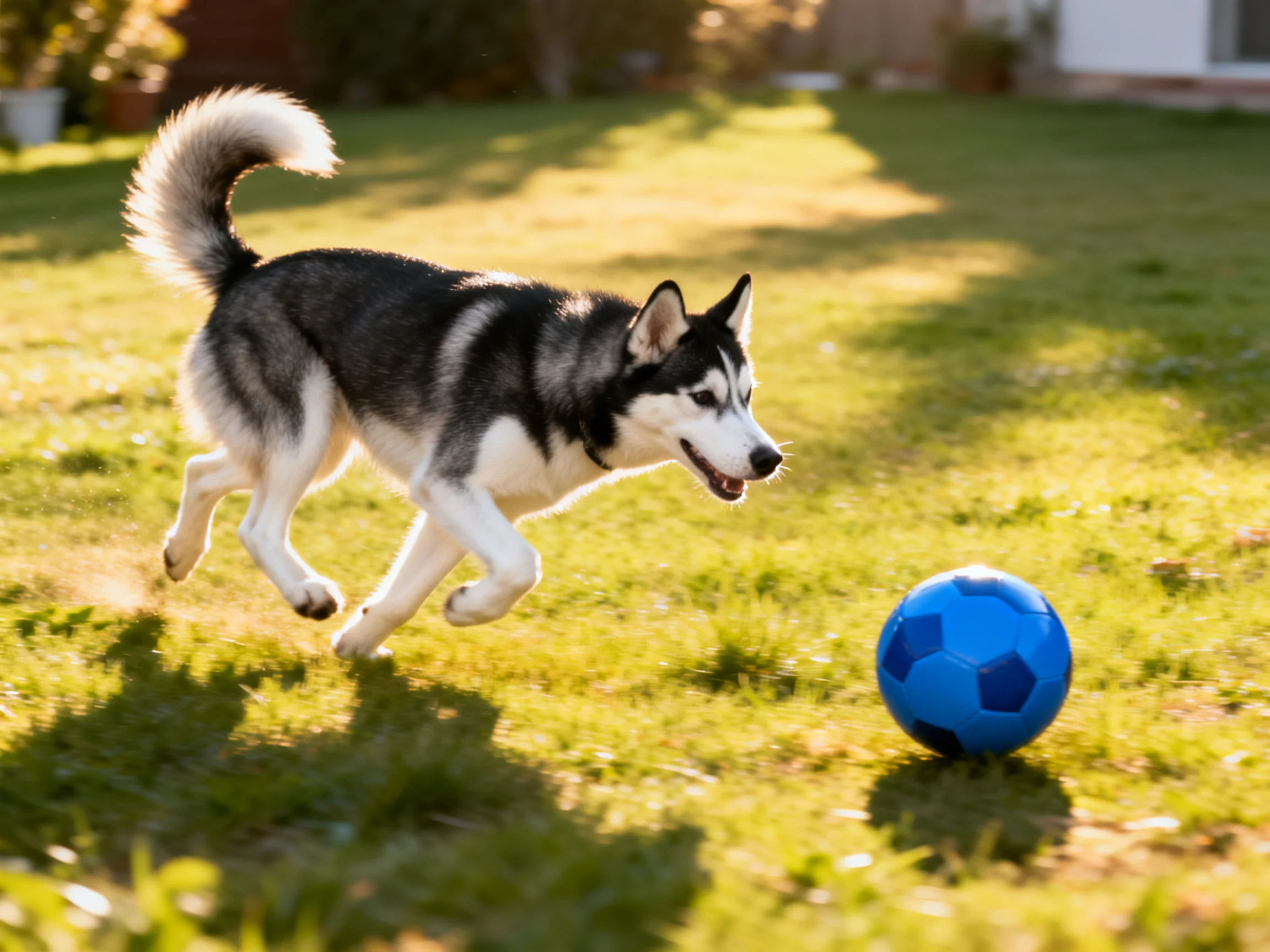 A black - and - white husky chases a blue ball on a sunny lawn.