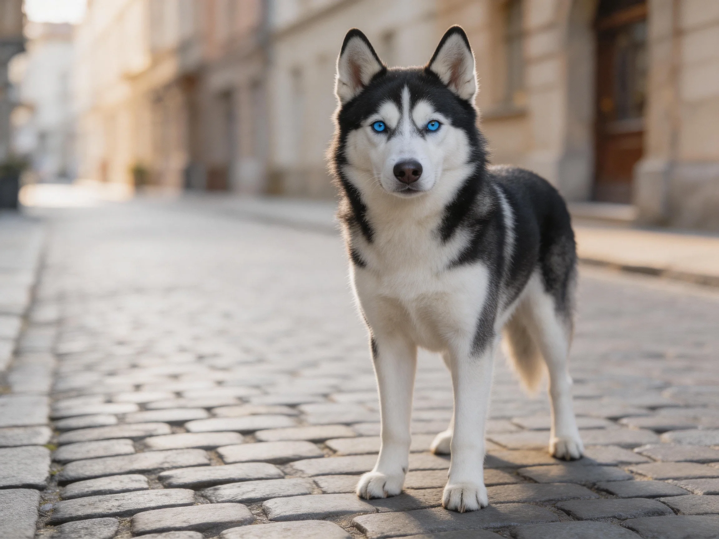 A black - and - white husky with blue eyes stands on cobblestone streets