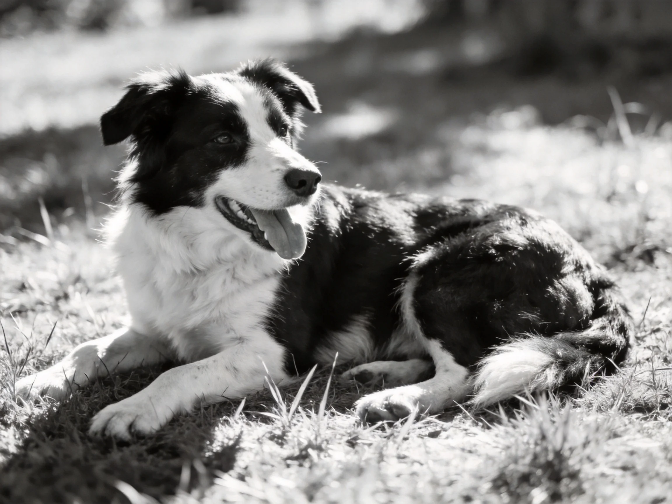 A black - and - white photo of a relaxed border collie resting on grass
