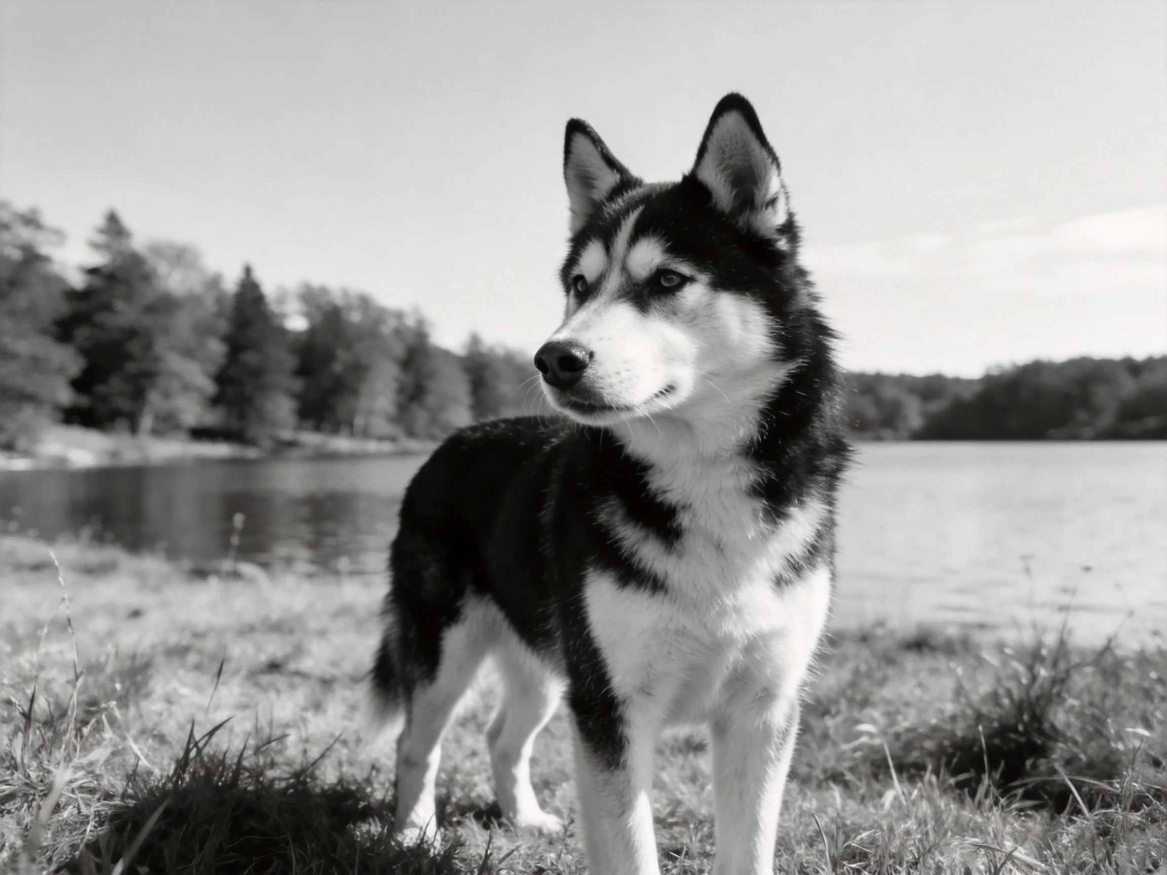 A black - and - white photo of a wolf - like dog by a calm lake