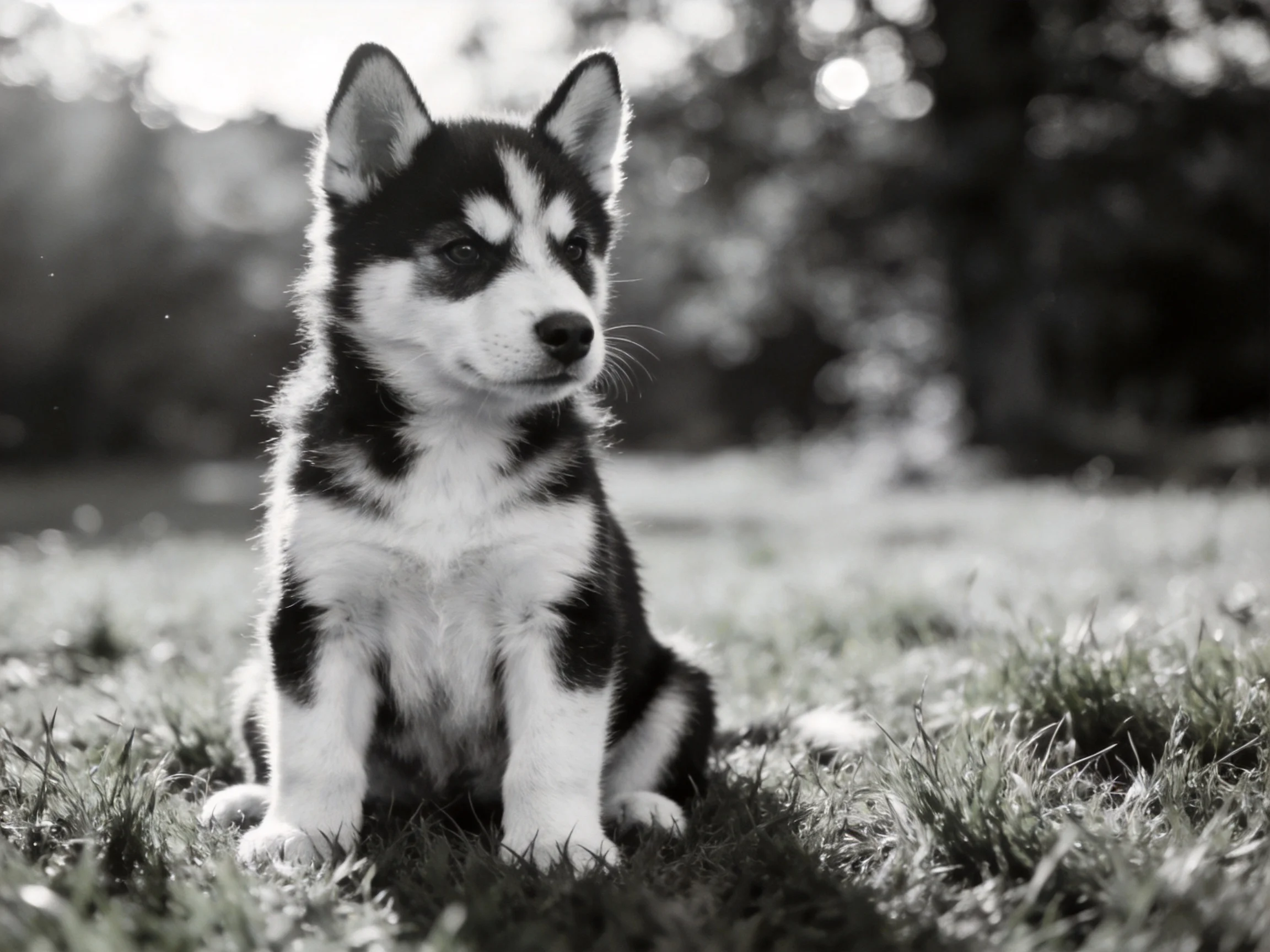 A black - and - white photo of a young husky puppy on grass