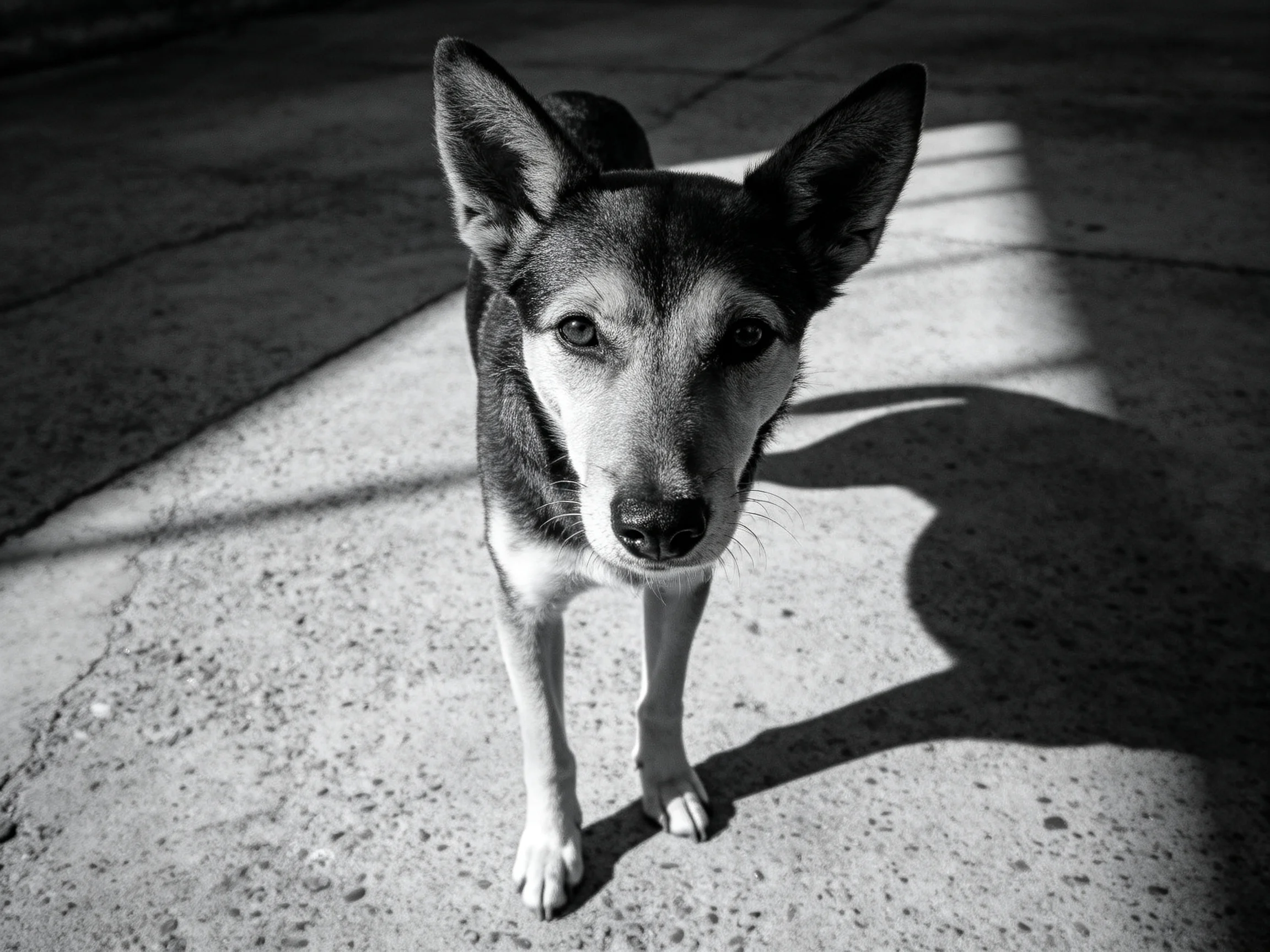 A black - and - white photograph of a dog on concrete pavement