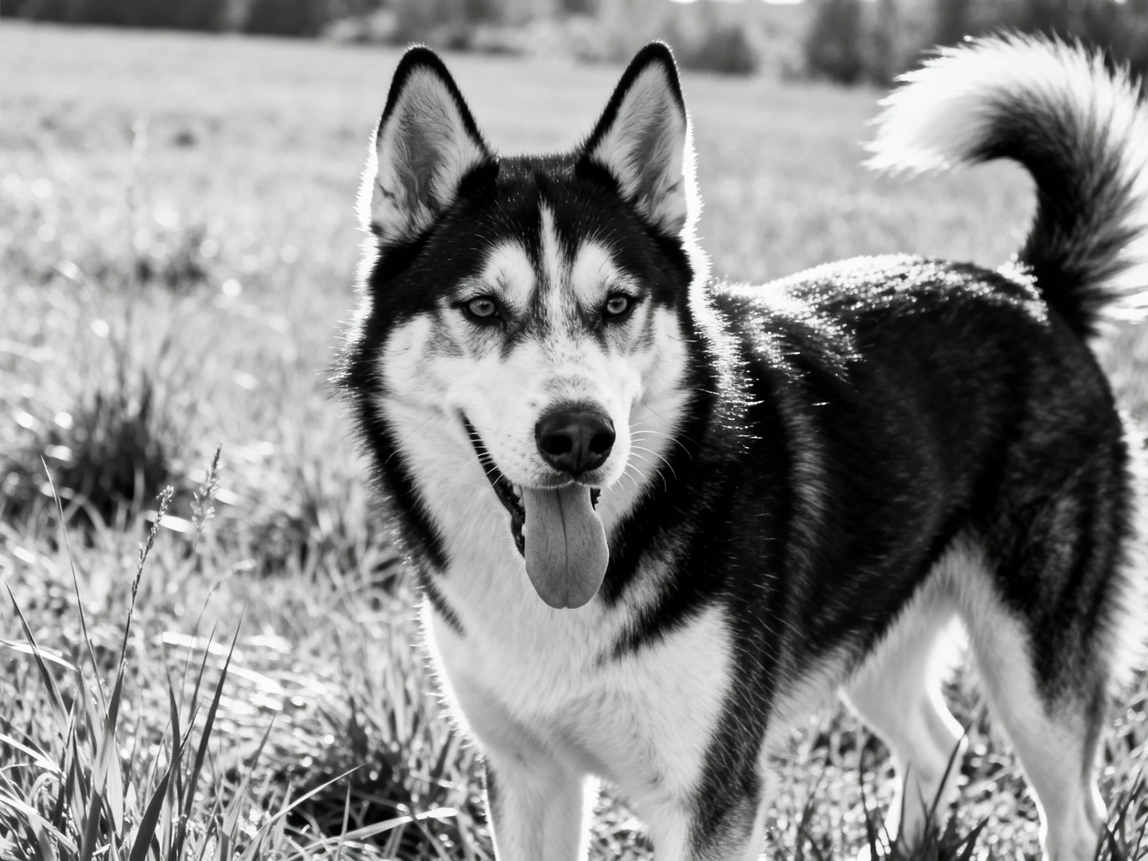 A black - and - white photograph of a husky dog standing in tall grass
