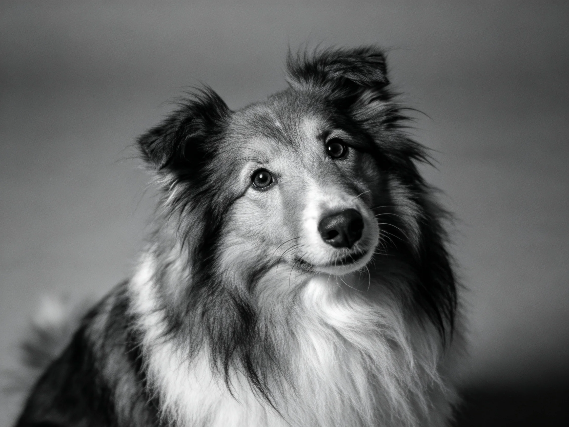 A close - up of a Shetland sheepdog in monochrome