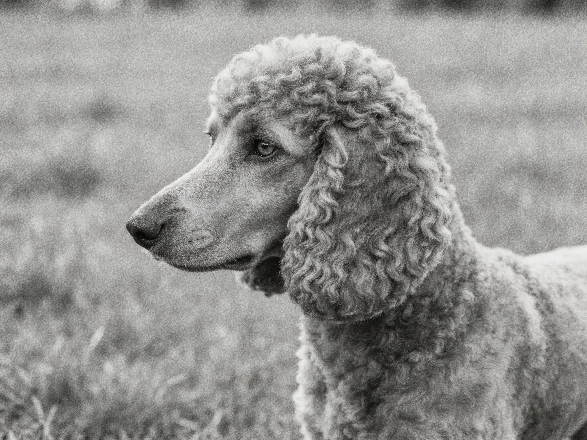 A black - and - white portrait of a curly - coated standard poodle outdoors