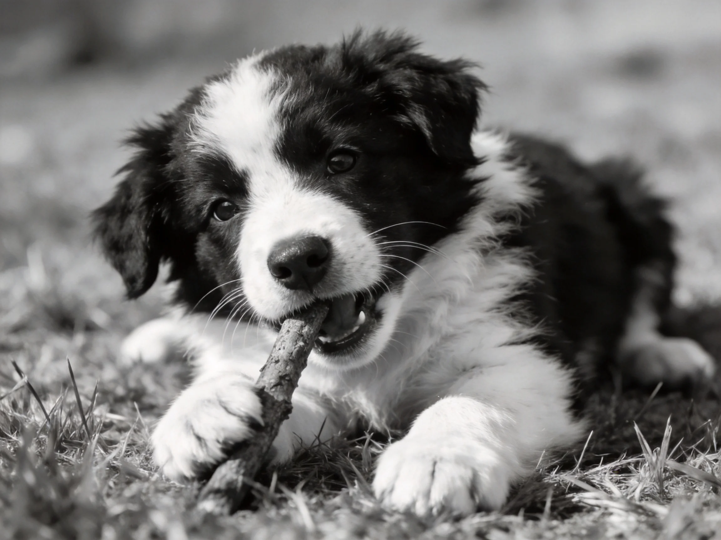 A black - and - white puppy chewing a wooden stick on grass