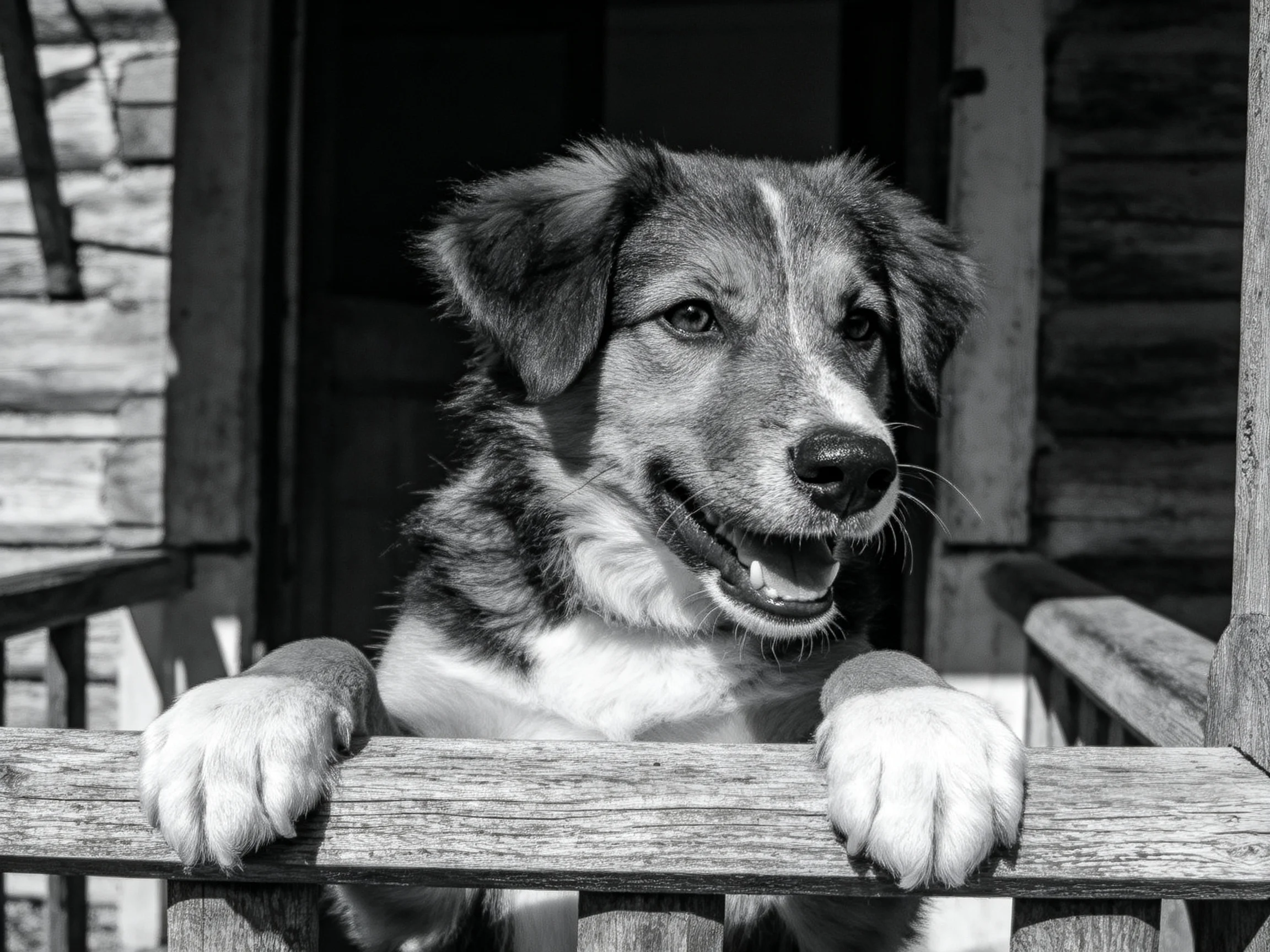 A black - and - white puppy looks out from a wooden porch fence.
