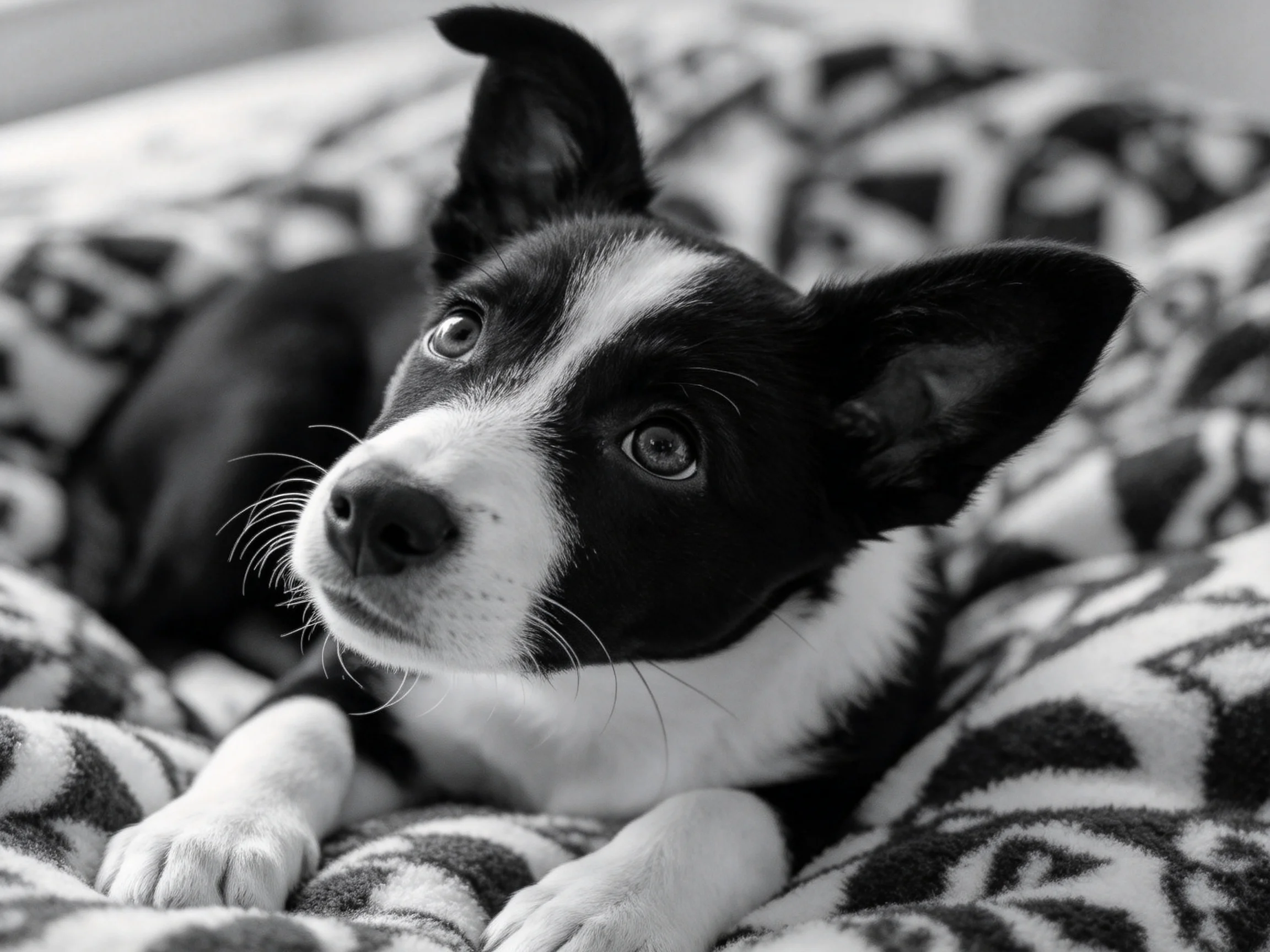 A black - and - white puppy lies comfortably on a patterned blanket
