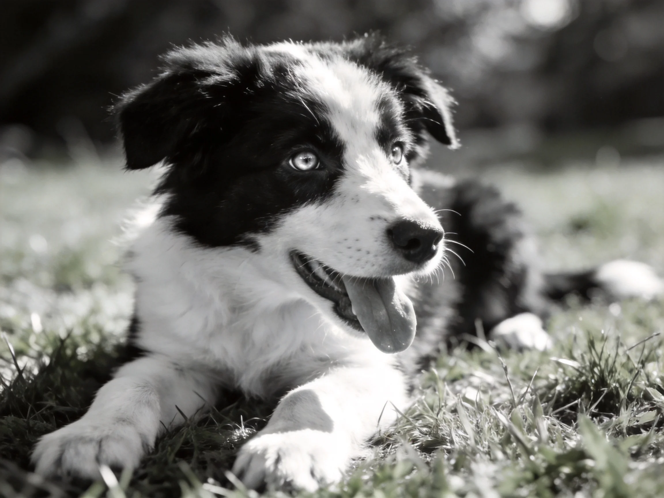 A black - and - white puppy relaxes on grass in a sunlit outdoor setting.