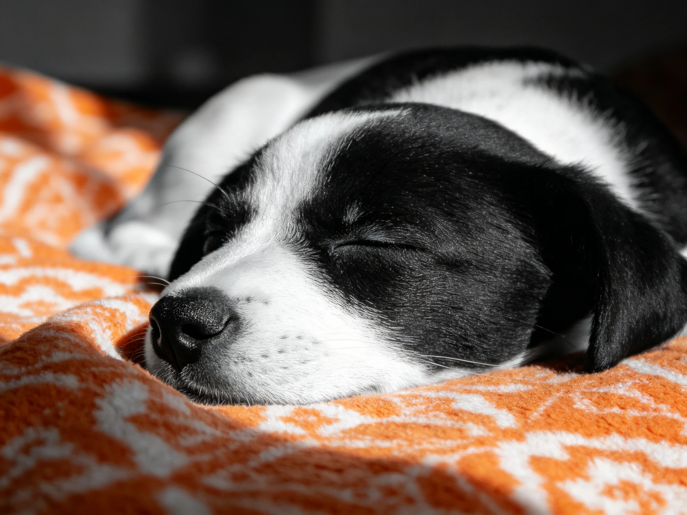 A black - and - white puppy rests on an orange blanket.