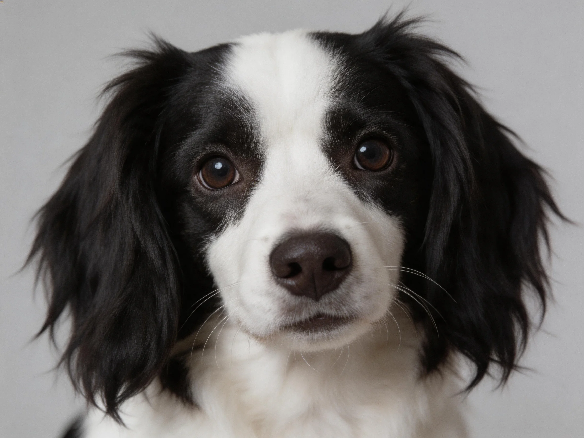 Close - up of a black - and - white spaniel on a plain gray backdrop.