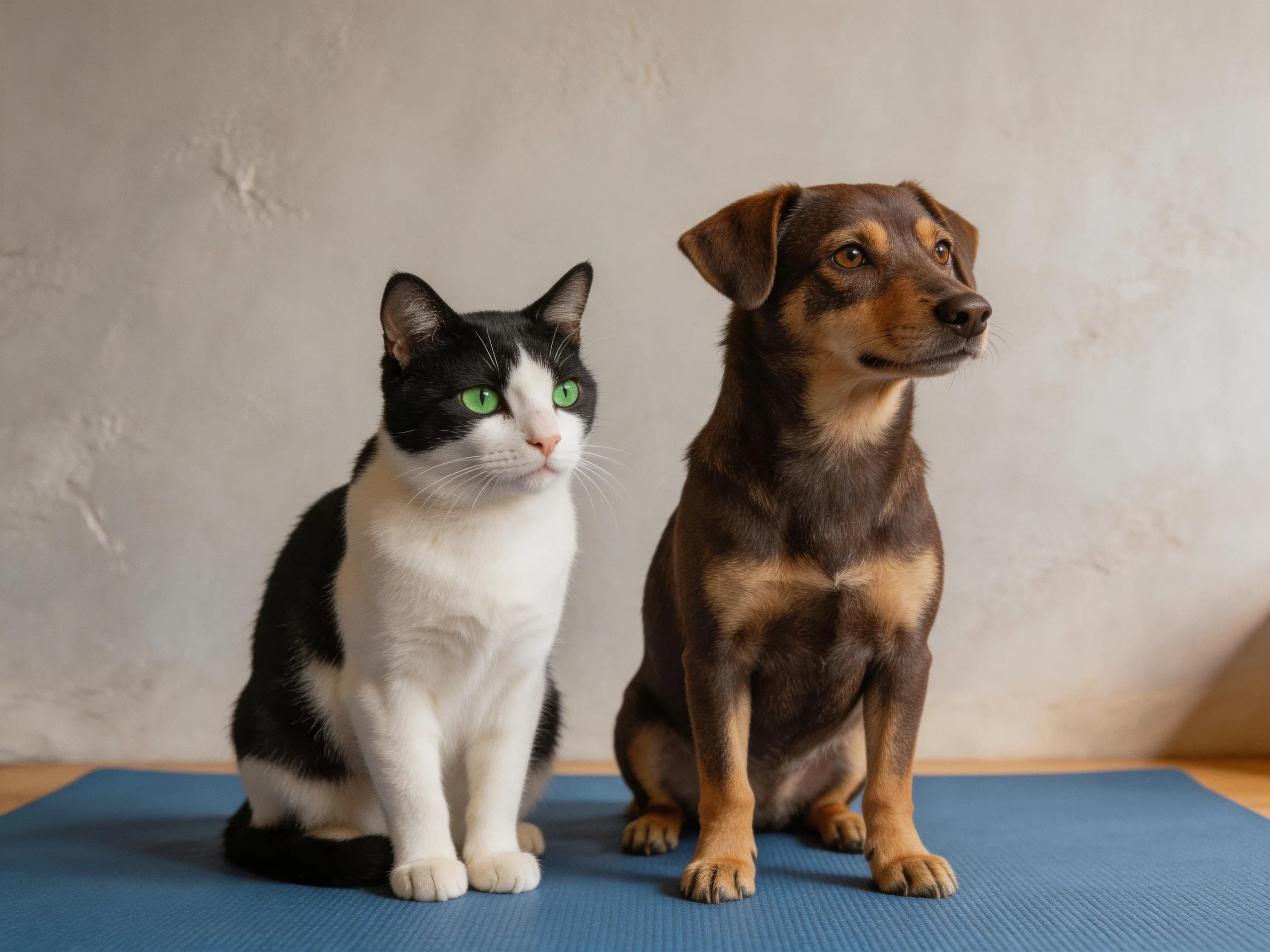 A black - white cat and brown dog sit together on a blue mat near a plain wall.
