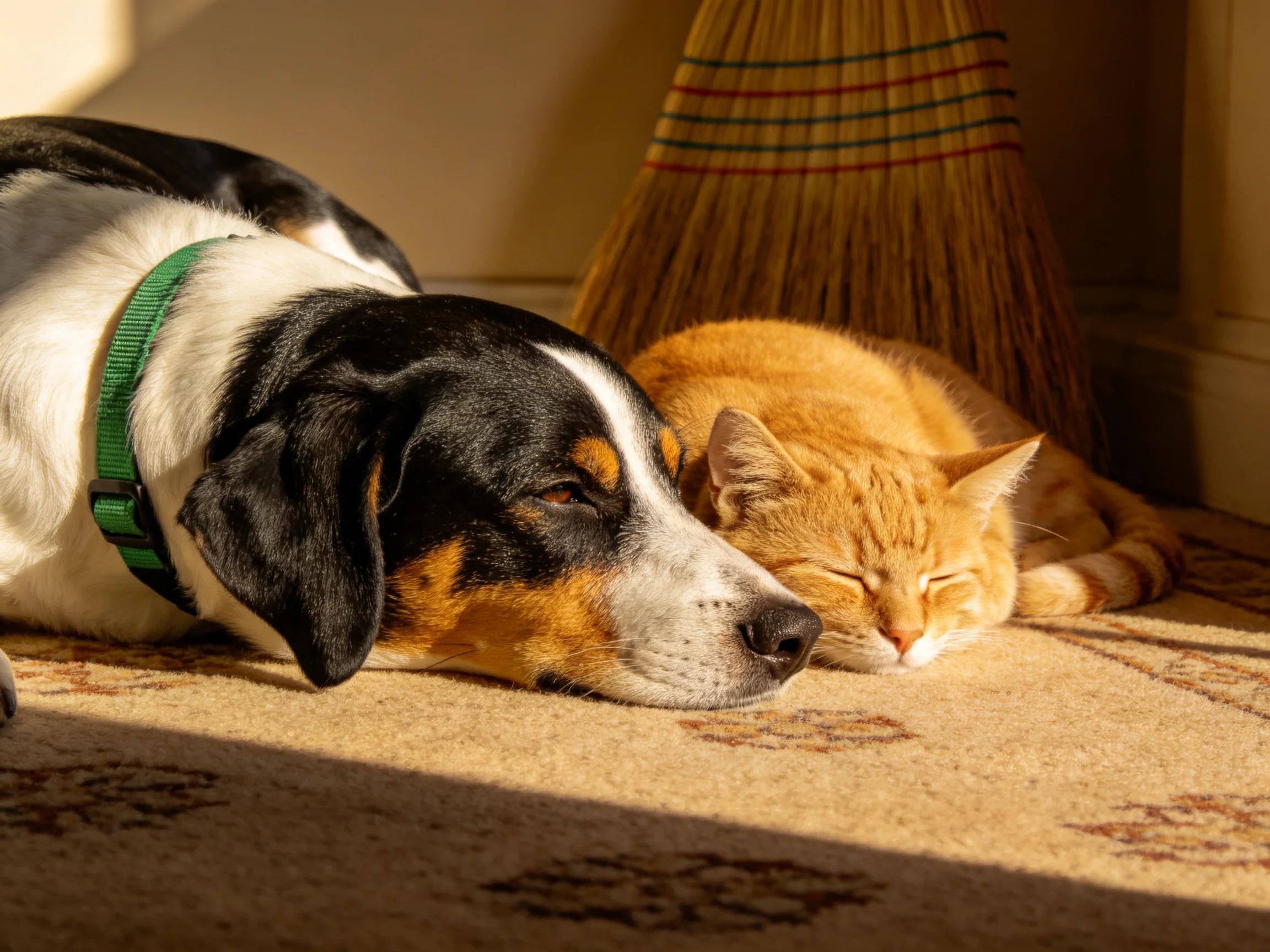 A dog and cat rest together on a carpeted floor in sunlight