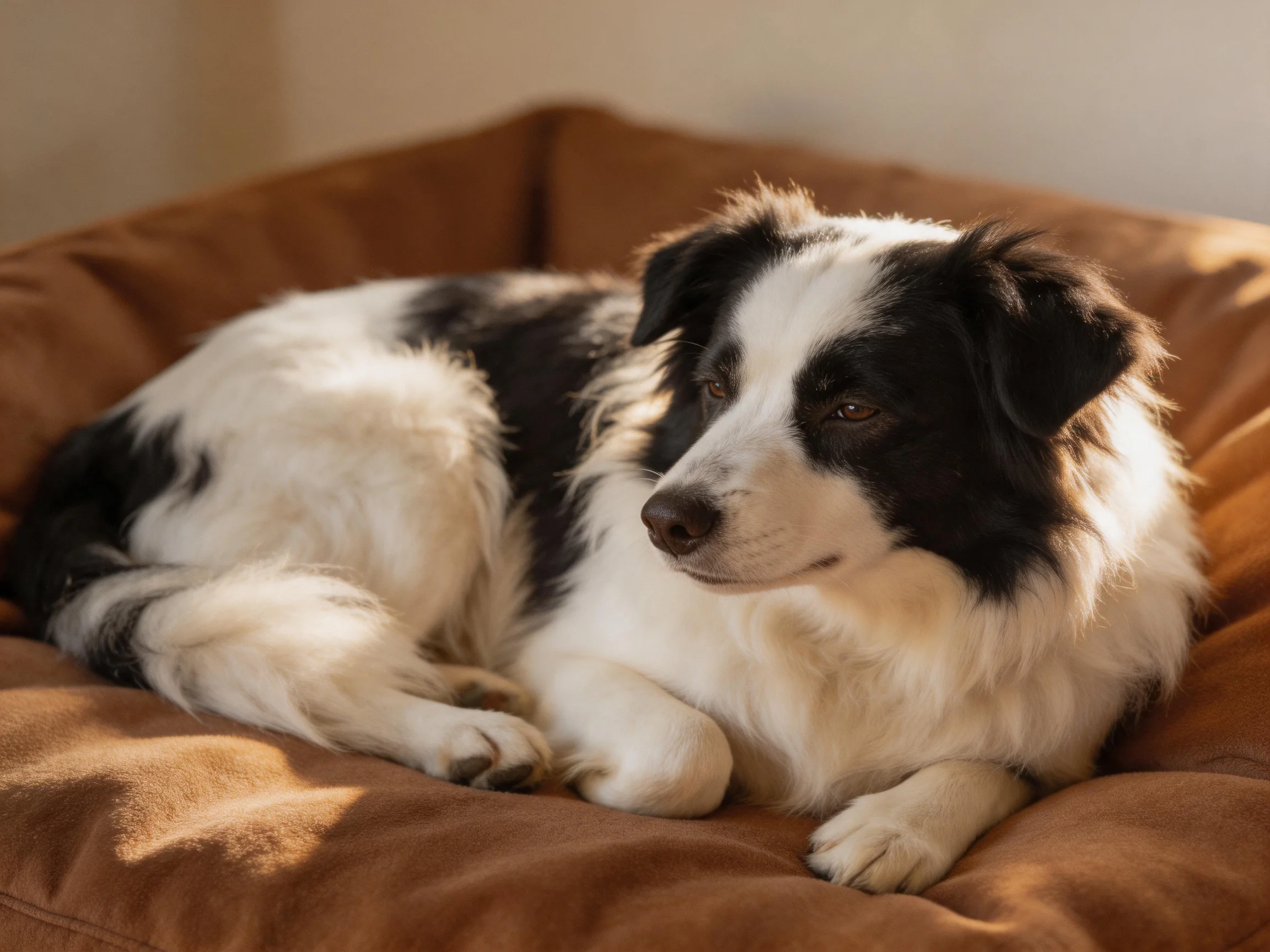 A black - white dog rests on a plush brown pet bed