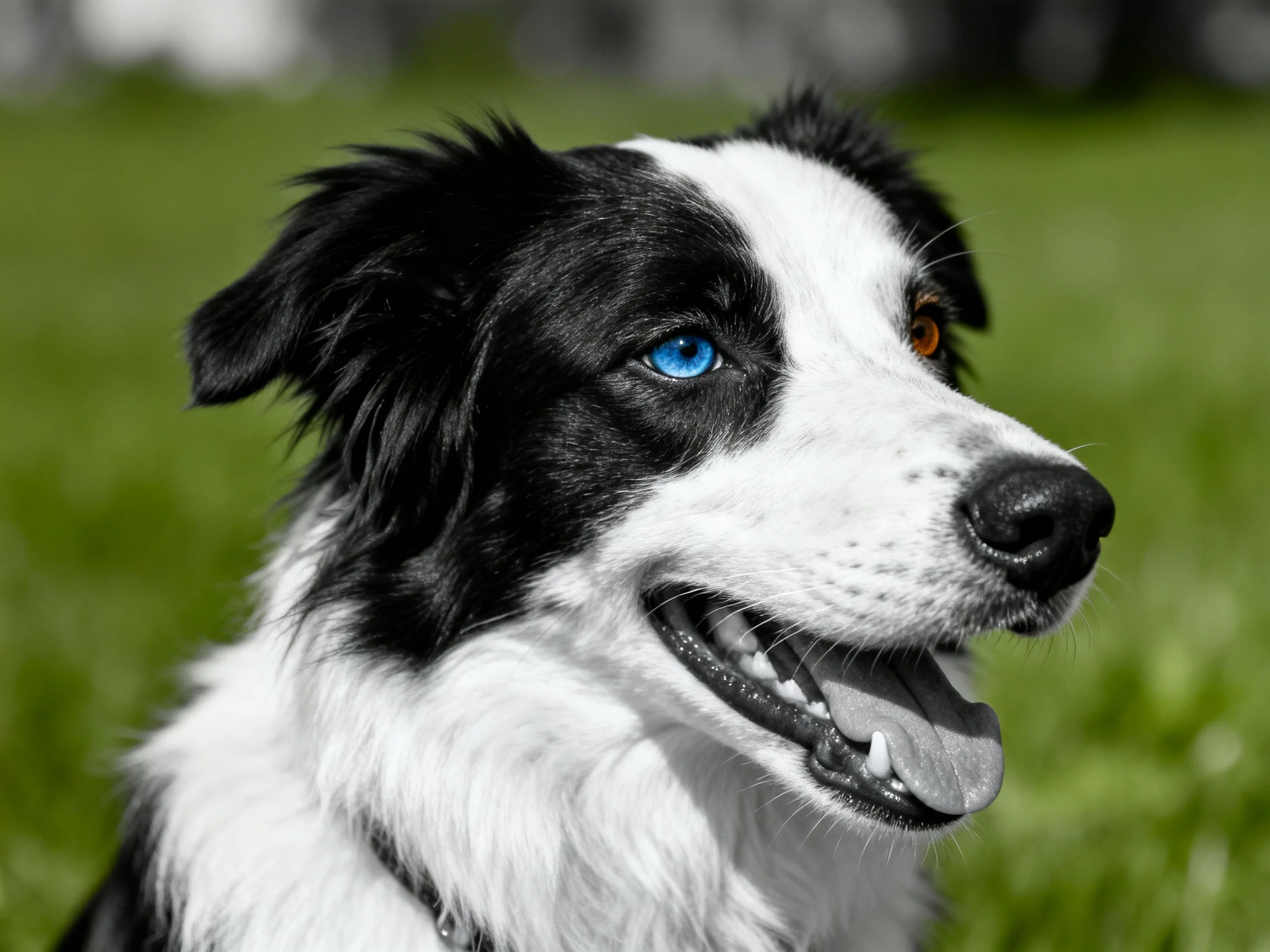 A black - white dog with heterochromatic eyes is in a grassy area.