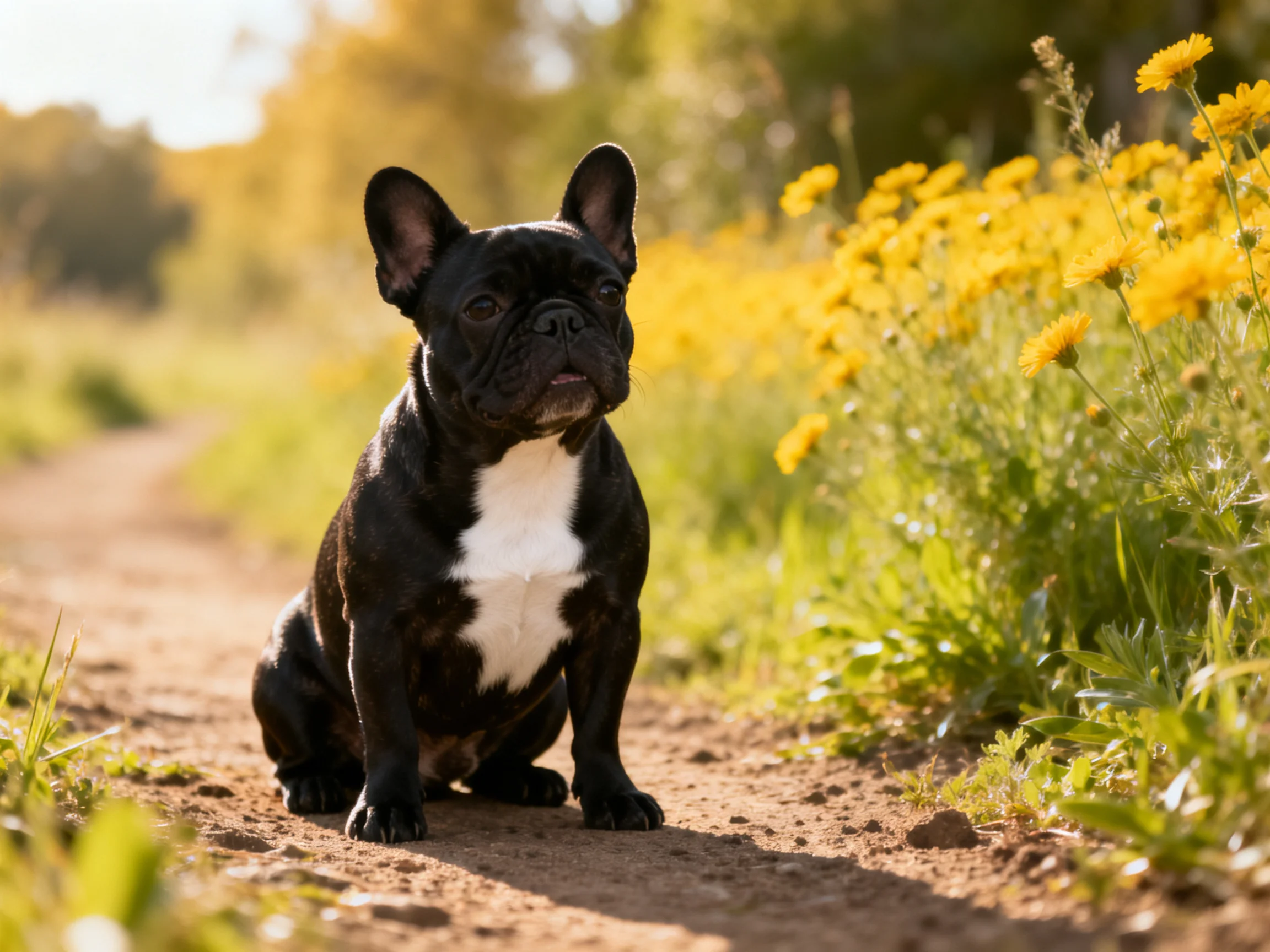 A black French Bulldog sits calmly on a dirt path beside vibrant yellow flowers
