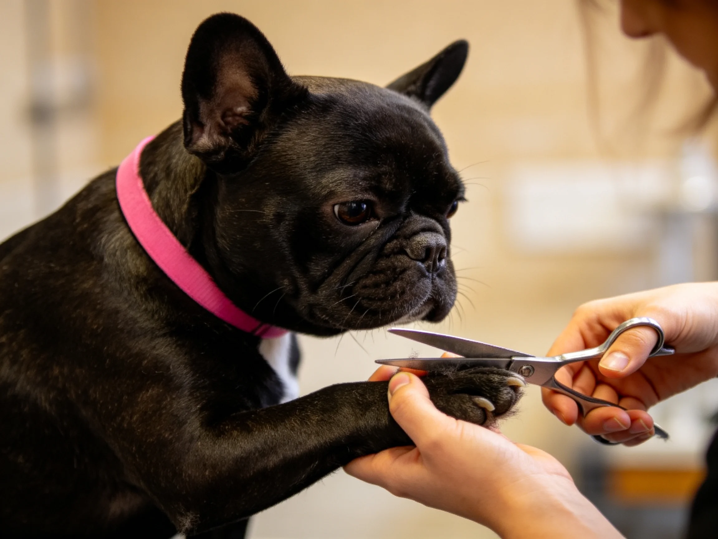 A black French Bulldog with a pink collar gets nail trimmed with scissors