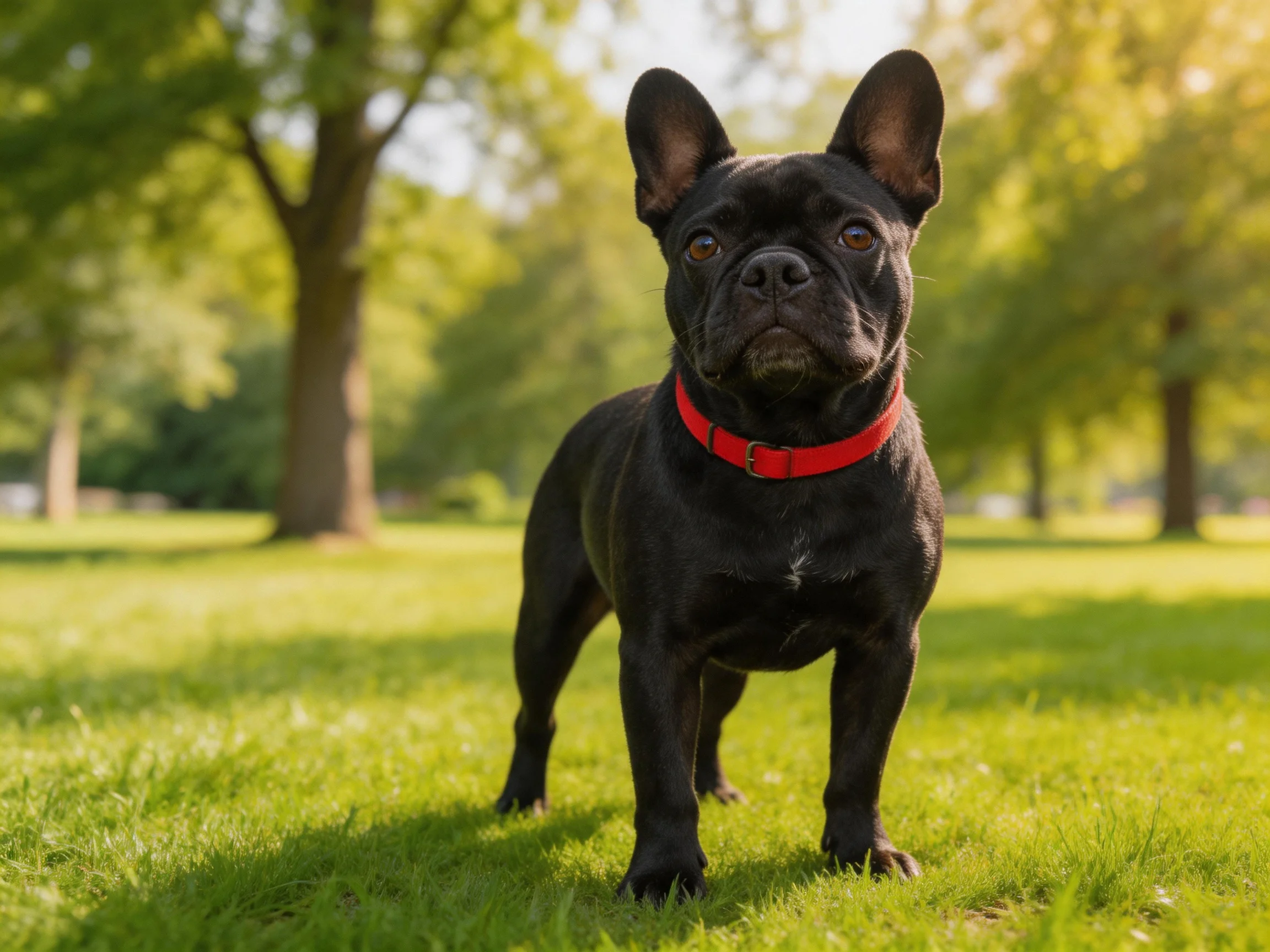 A black French Bulldog wearing a red collar stands in a sunlit park