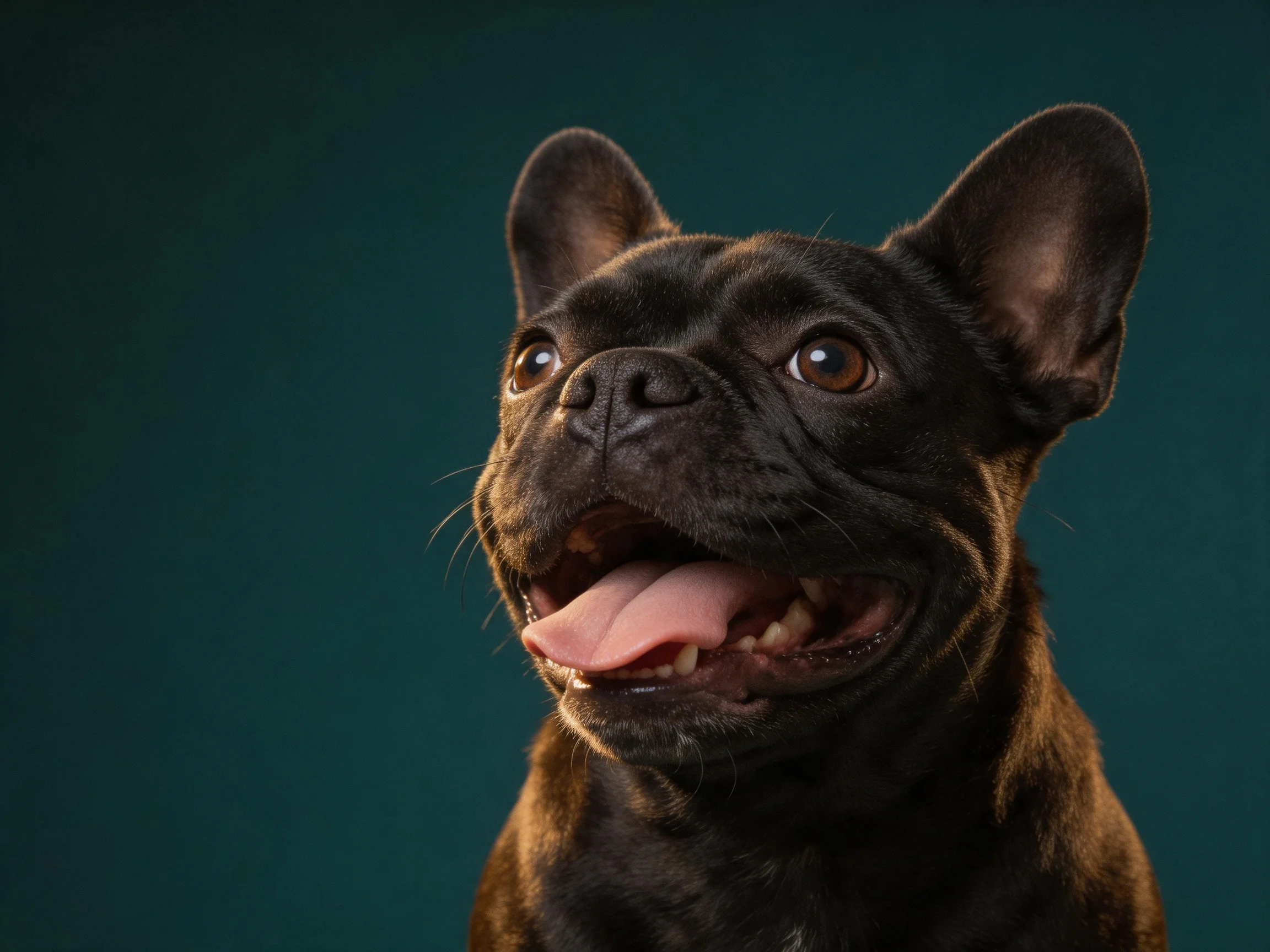 A black French Bulldog with tongue out and upright ears