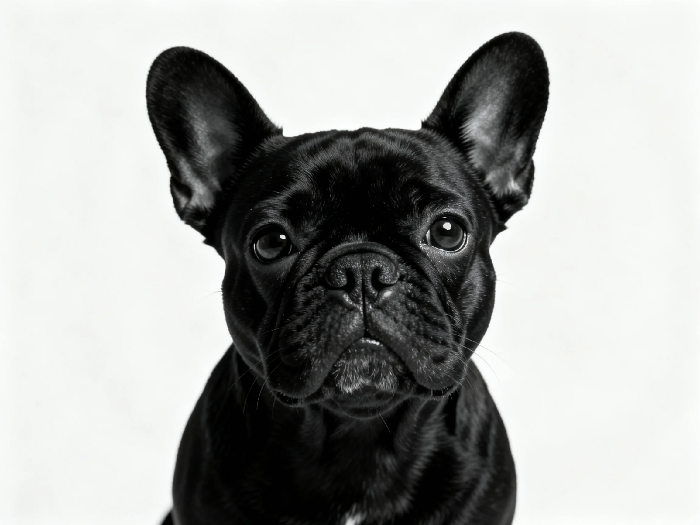 A black French Bulldog with upright ears against a white backdrop