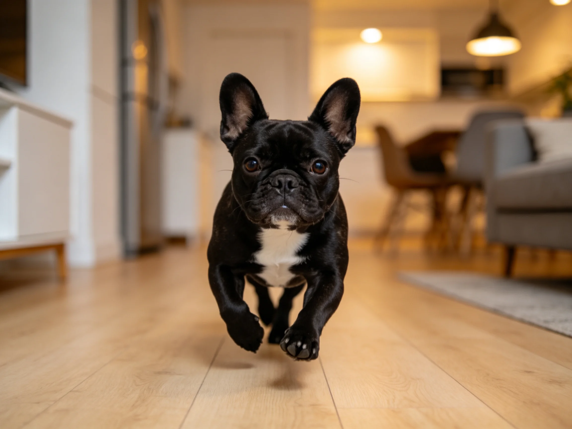 A black French Bulldog with white chest runs through a cozy home interior