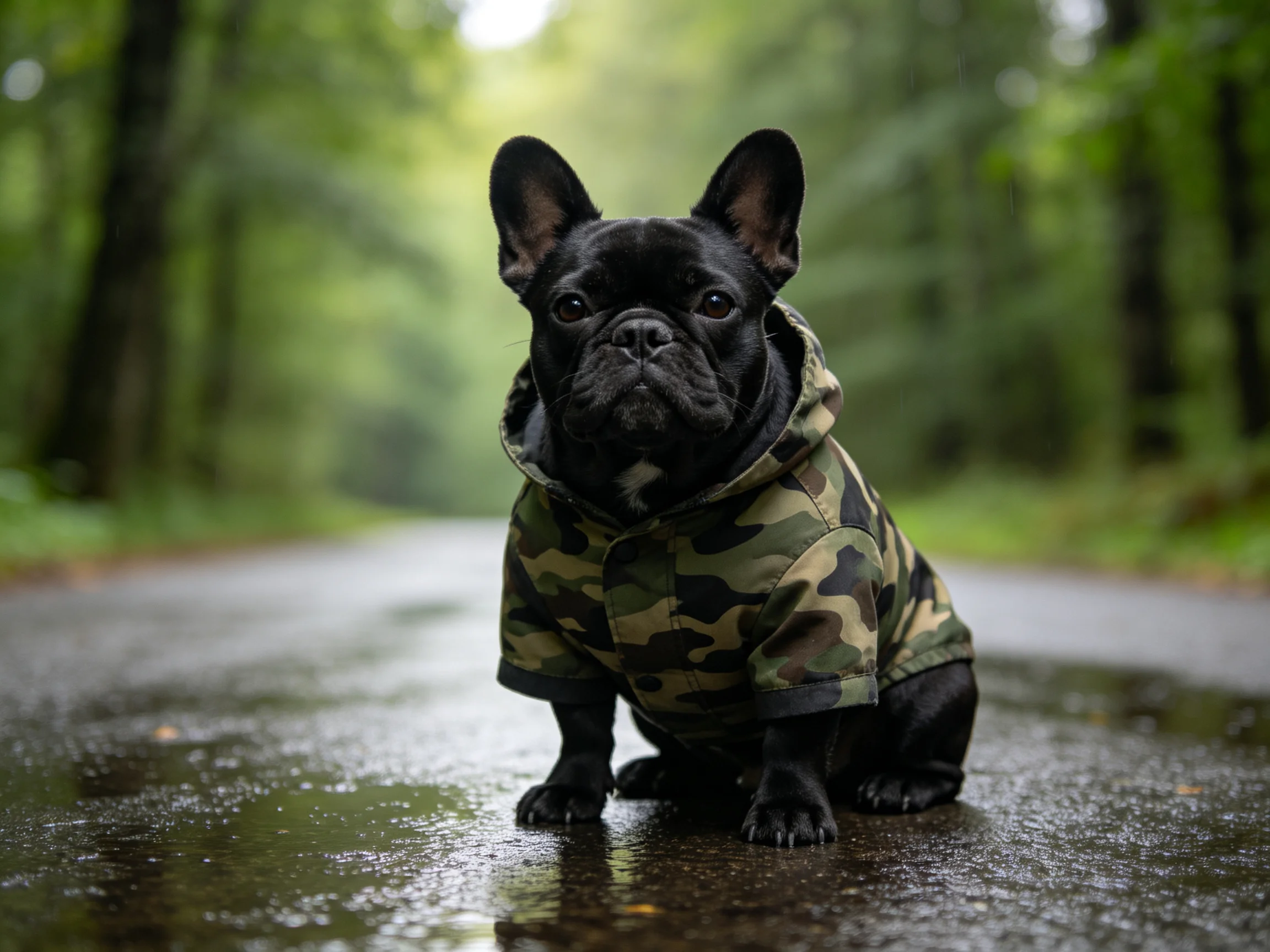 A black French bulldog in a camouflage hoodie sits on a wet forest road