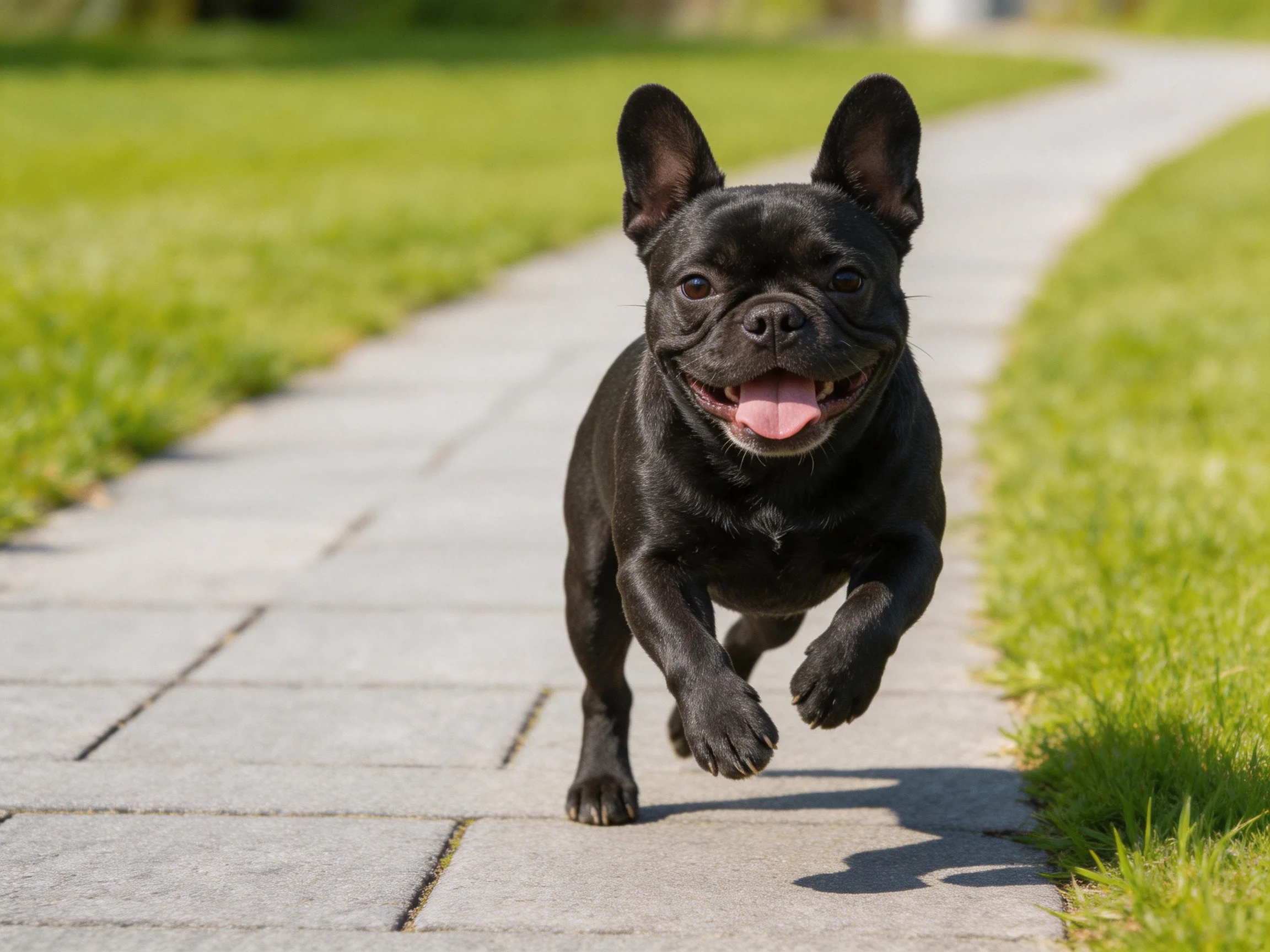 A black French bulldog runs joyfully on a stone pathway beside green grass.