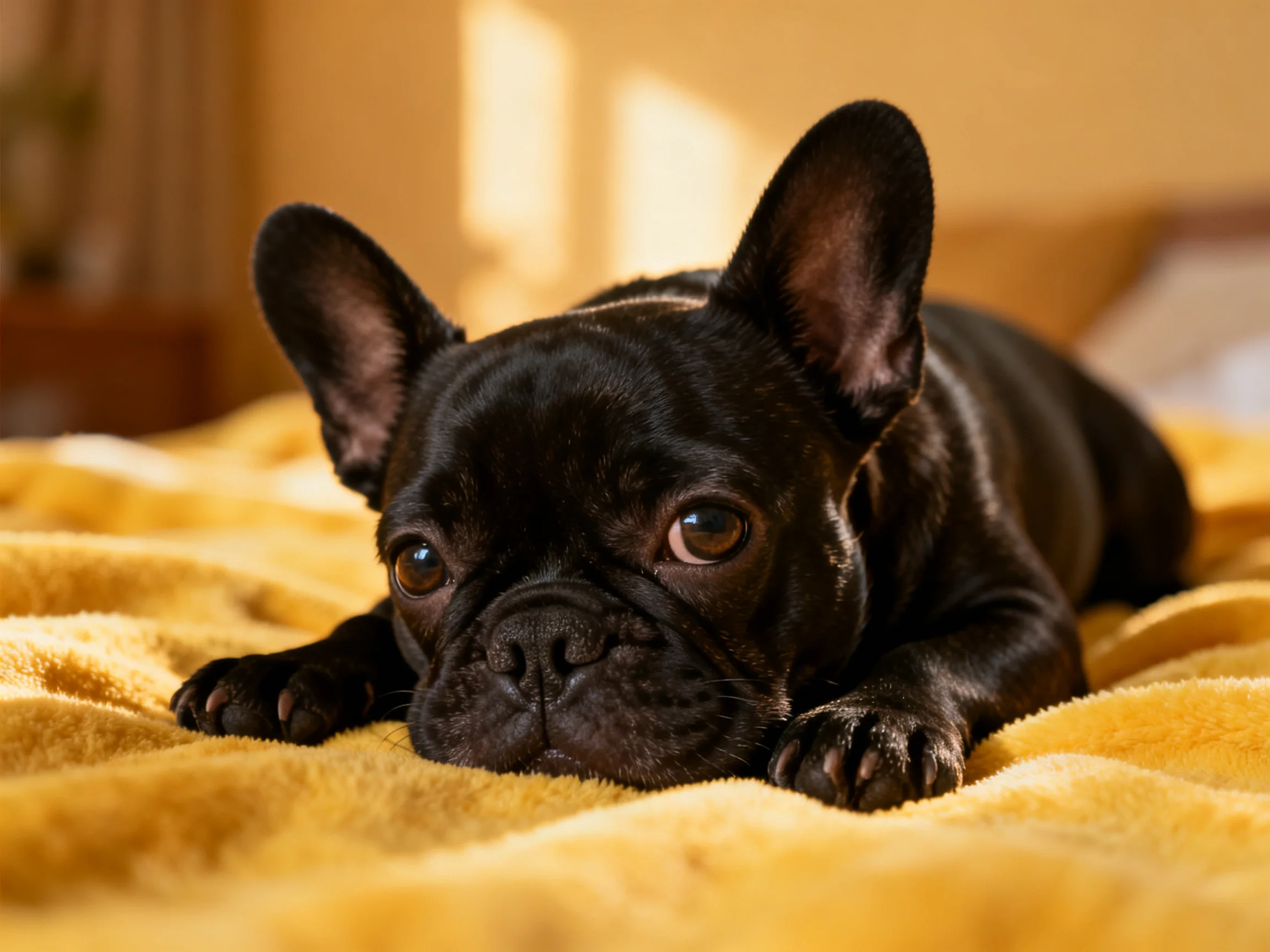 A black French bulldog puppy rests on a golden-yellow blanket indoors