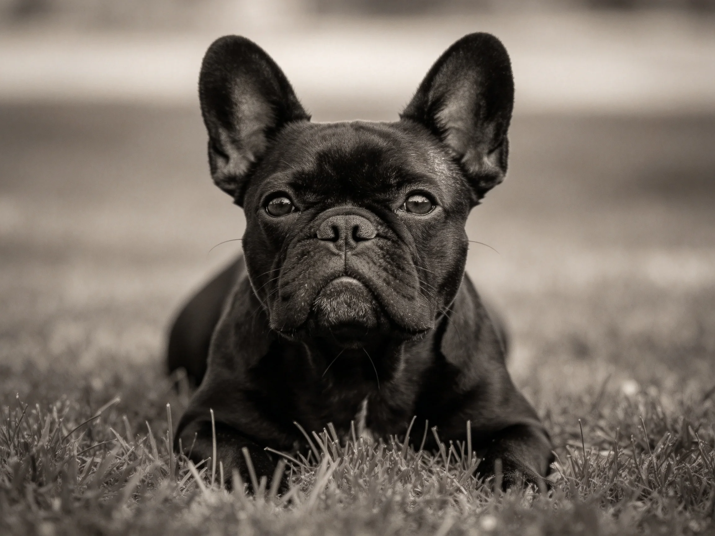 A black French bulldog rests on grass in a serene outdoor setting