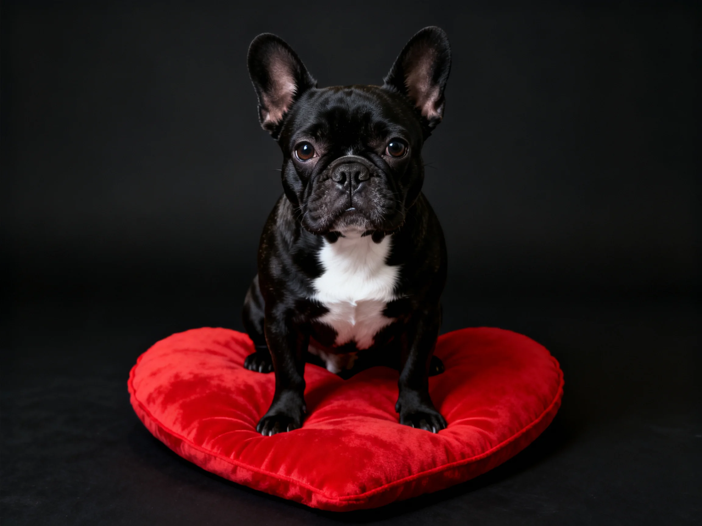 A black French bulldog sits on a red heart - shaped cushion with a dark background.