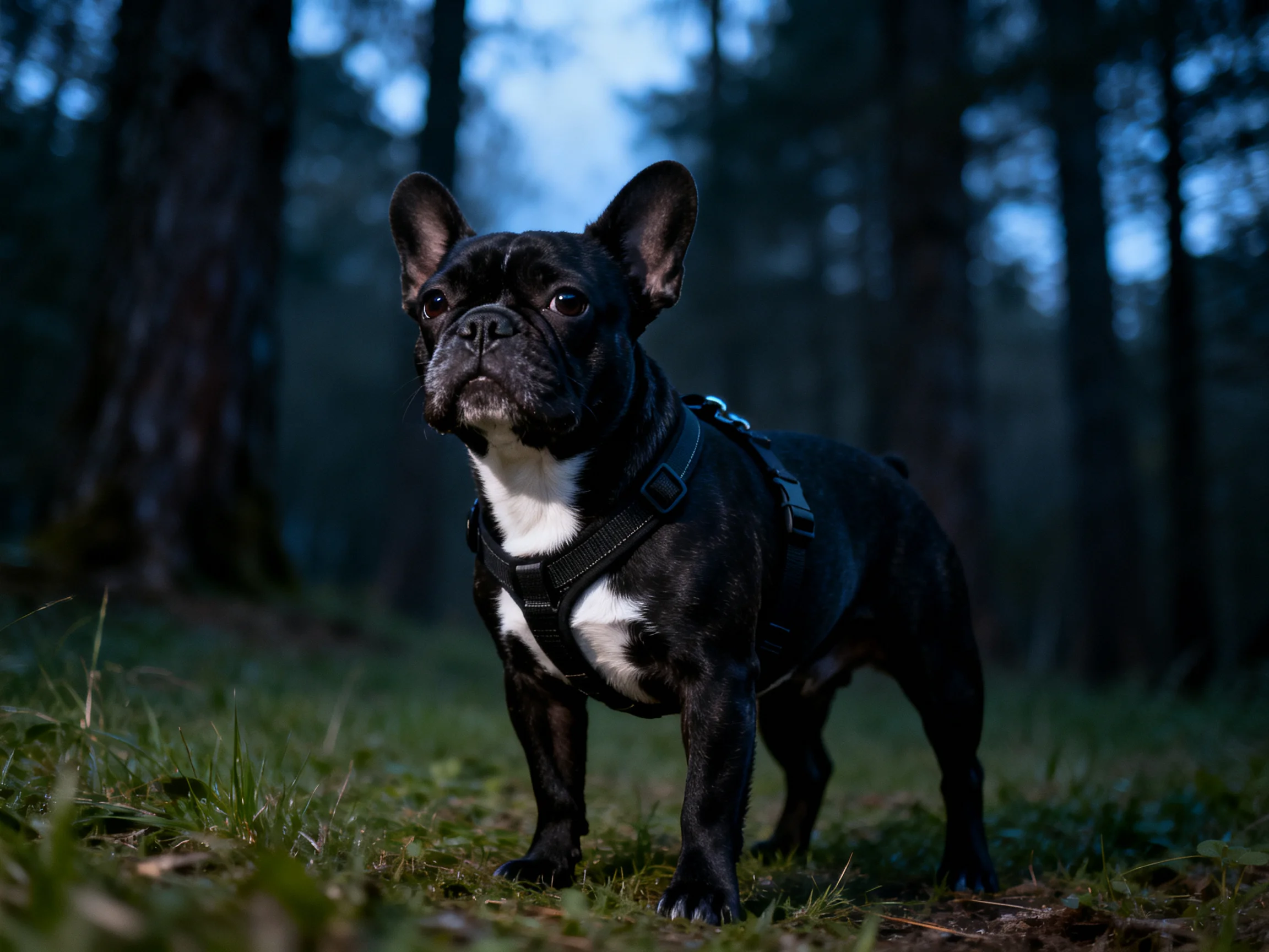 A black French bulldog wearing a harness stands alert in a dimly lit forest.