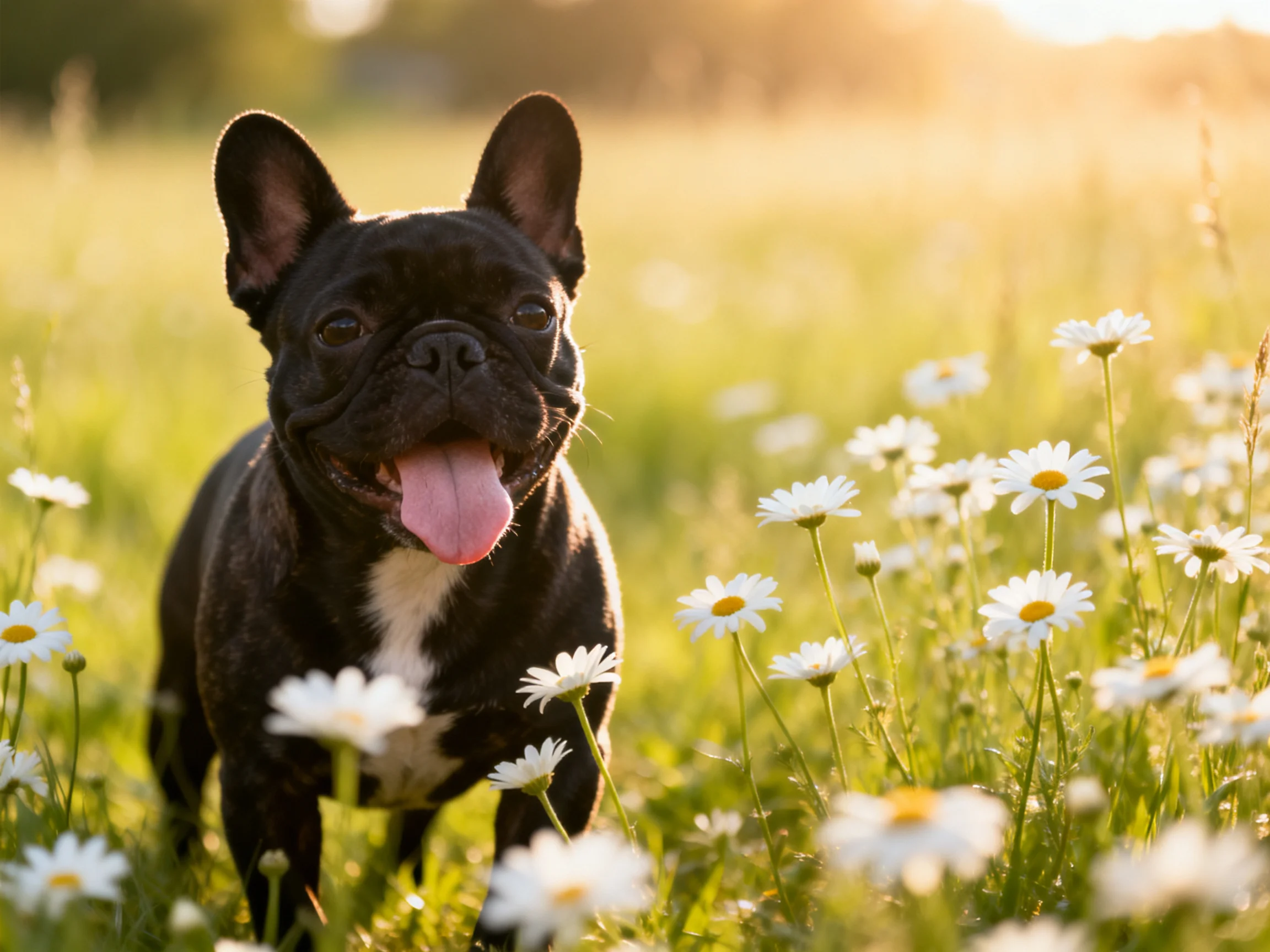 A black French bulldog enjoys time among daisies in a sunlit meadow.