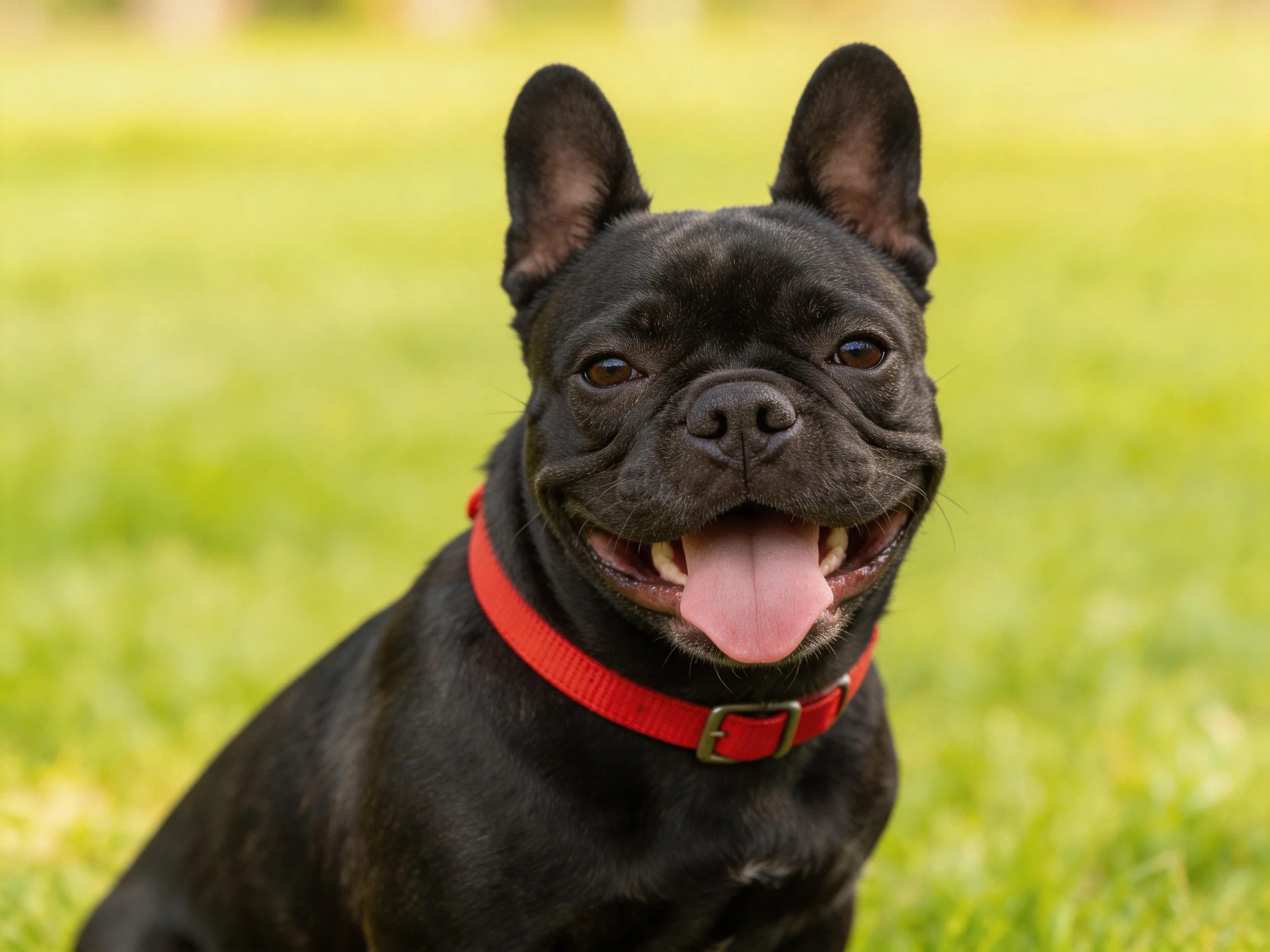 A black French bulldog with a bright red collar sits on green grass