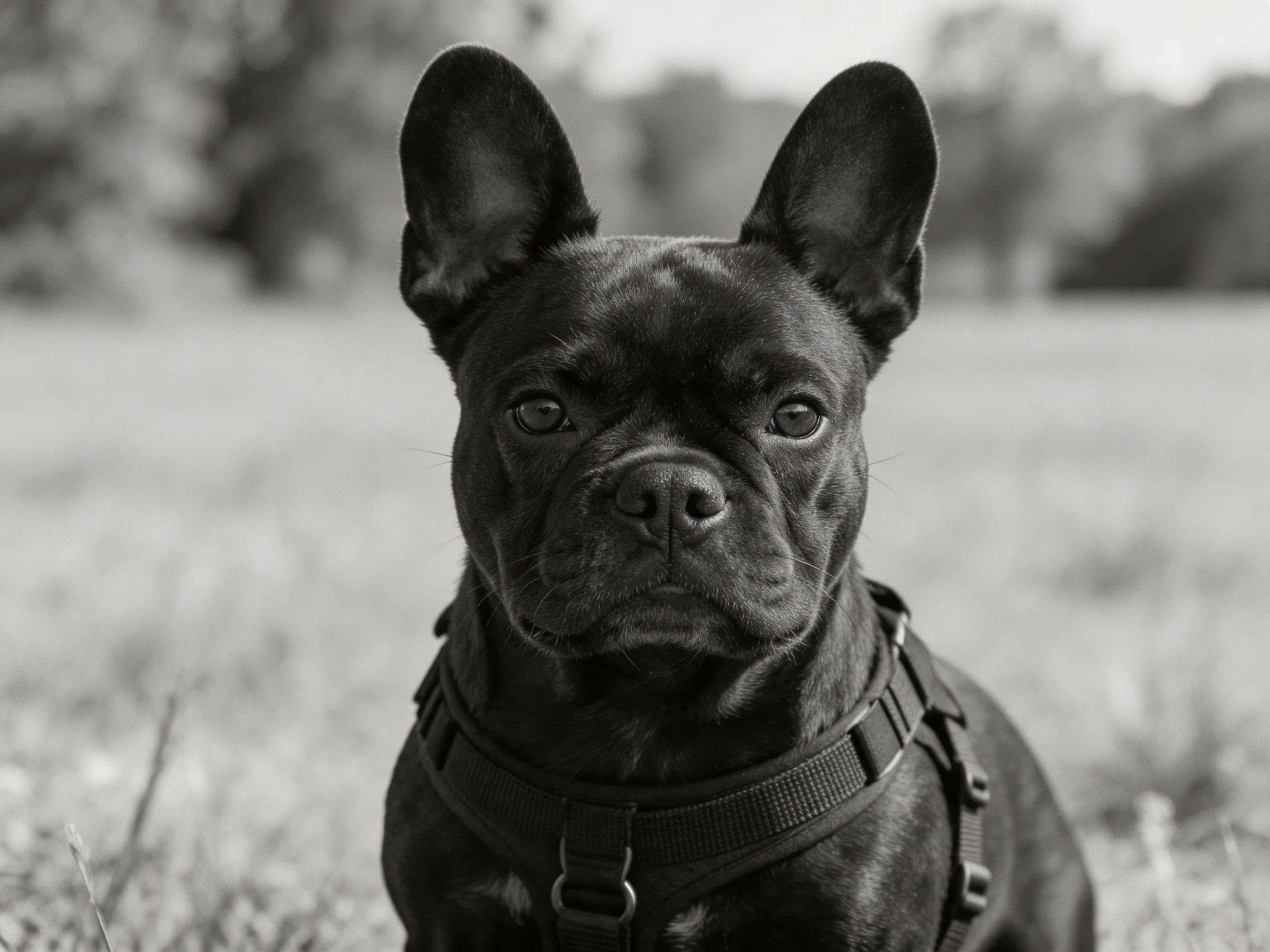 A black French bulldog with a harness in an open field