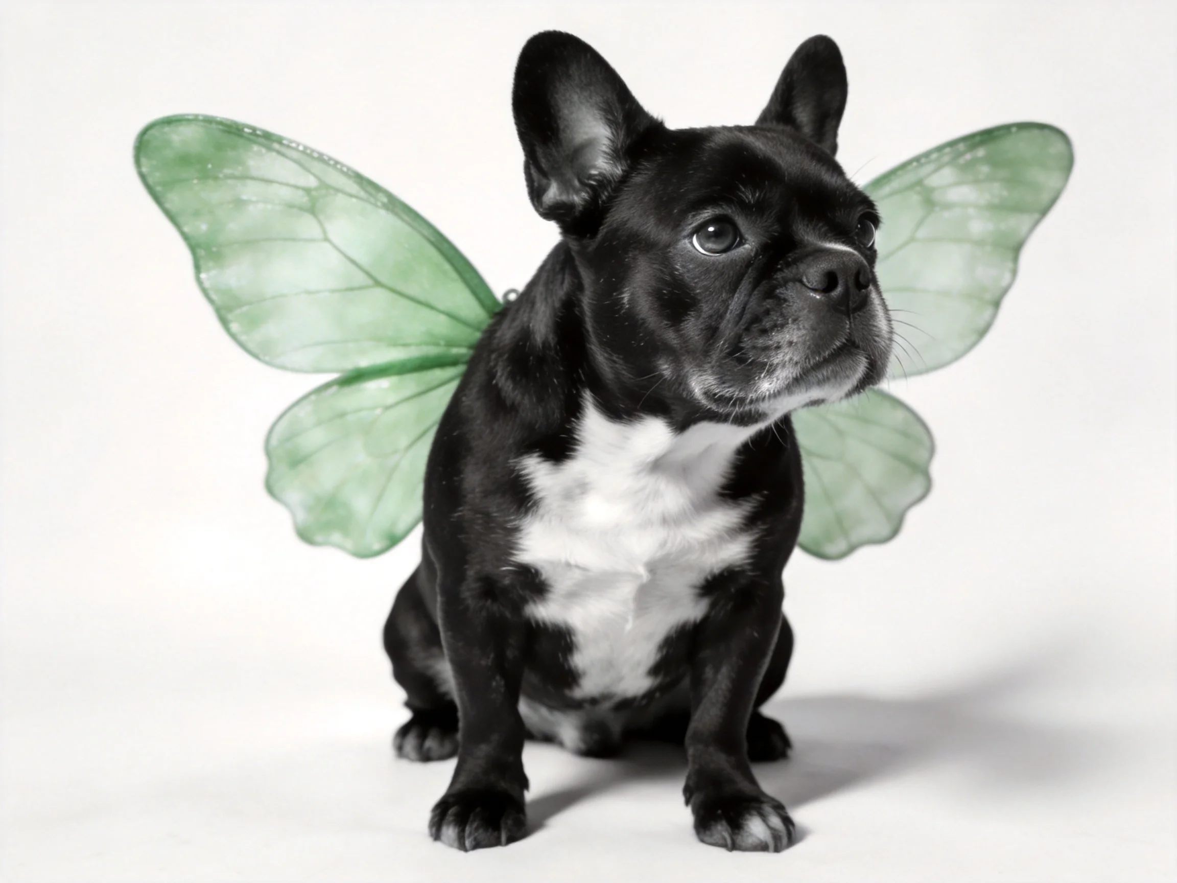 A black French bulldog with large green fairy wings
