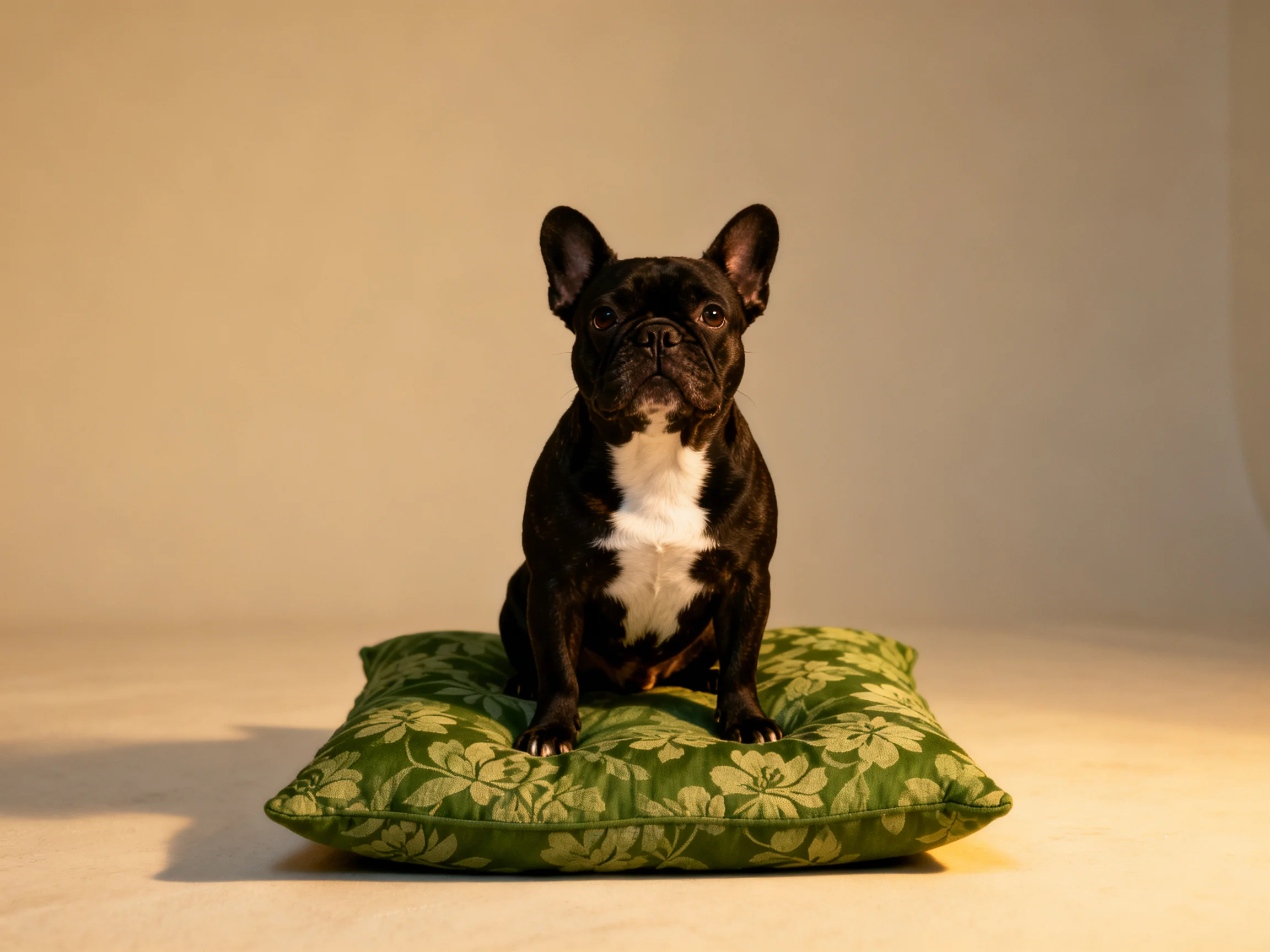 A black French bulldog sits on a green floral cushion.