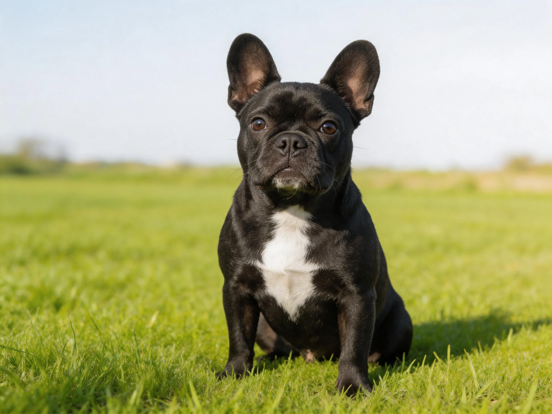 A black French bulldog with white chest sits on lush green grass