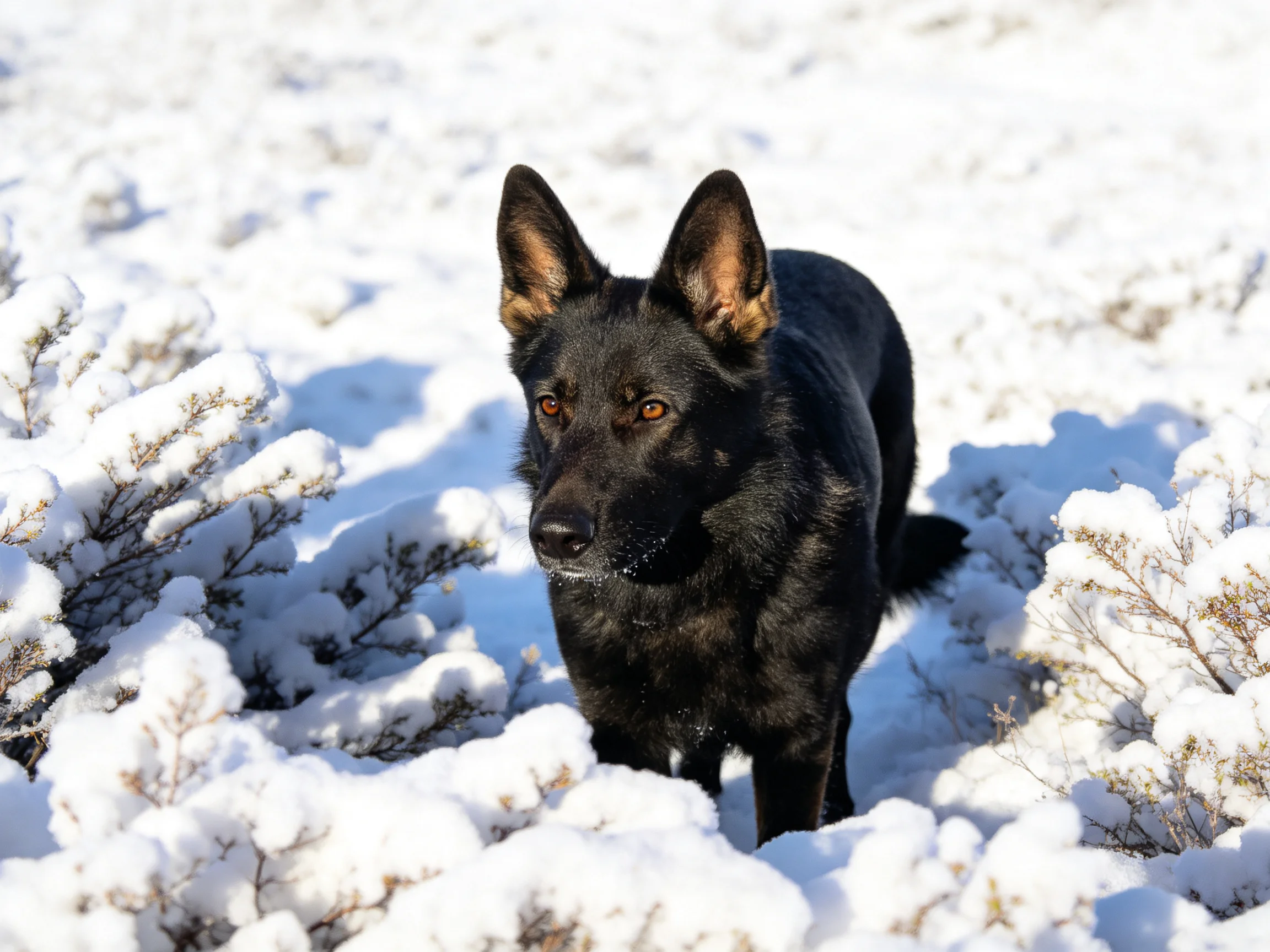 A black German Shepherd in a snowy landscape with snow-covered bushes